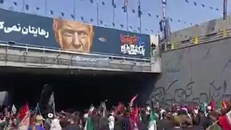 Mourners at Iran's Former Supreme Leader's Funeral Hurl Stones at Trump Billboard: 'America is the Great Satan'