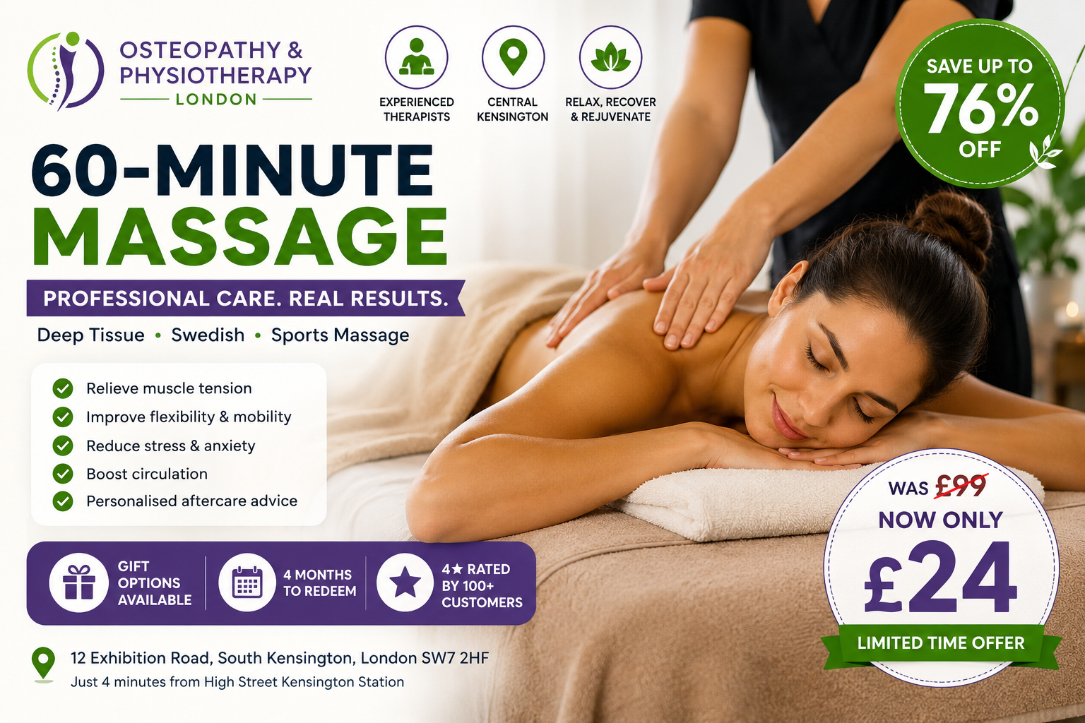 Choice of 60-Minute Massage at Osteopathy & Physiotherapy London, Kensington – Save Up to 76%