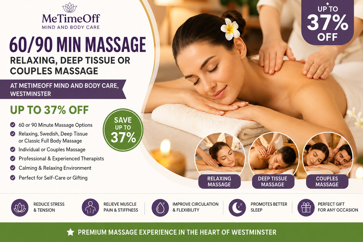 60/90 Min Relaxing, Deep Tissue or Couples Massage at MeTimeOff Mind and Body Care, Westminster - Up to 37% Off