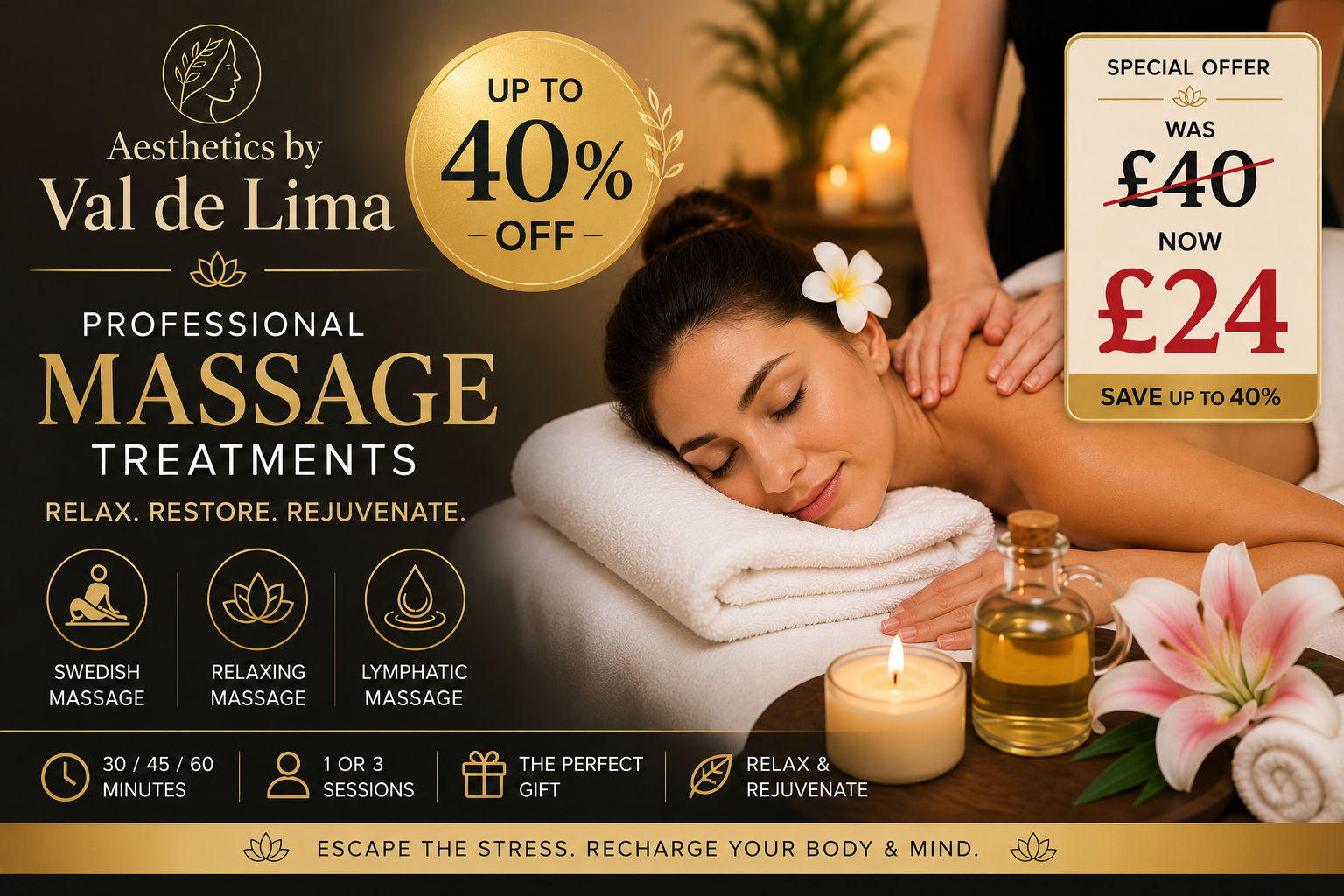 One or Three Sessions: 30, 45 or 60 Minute Massage Treatments at Aesthetics by Val de Lima – Up to 40% Off