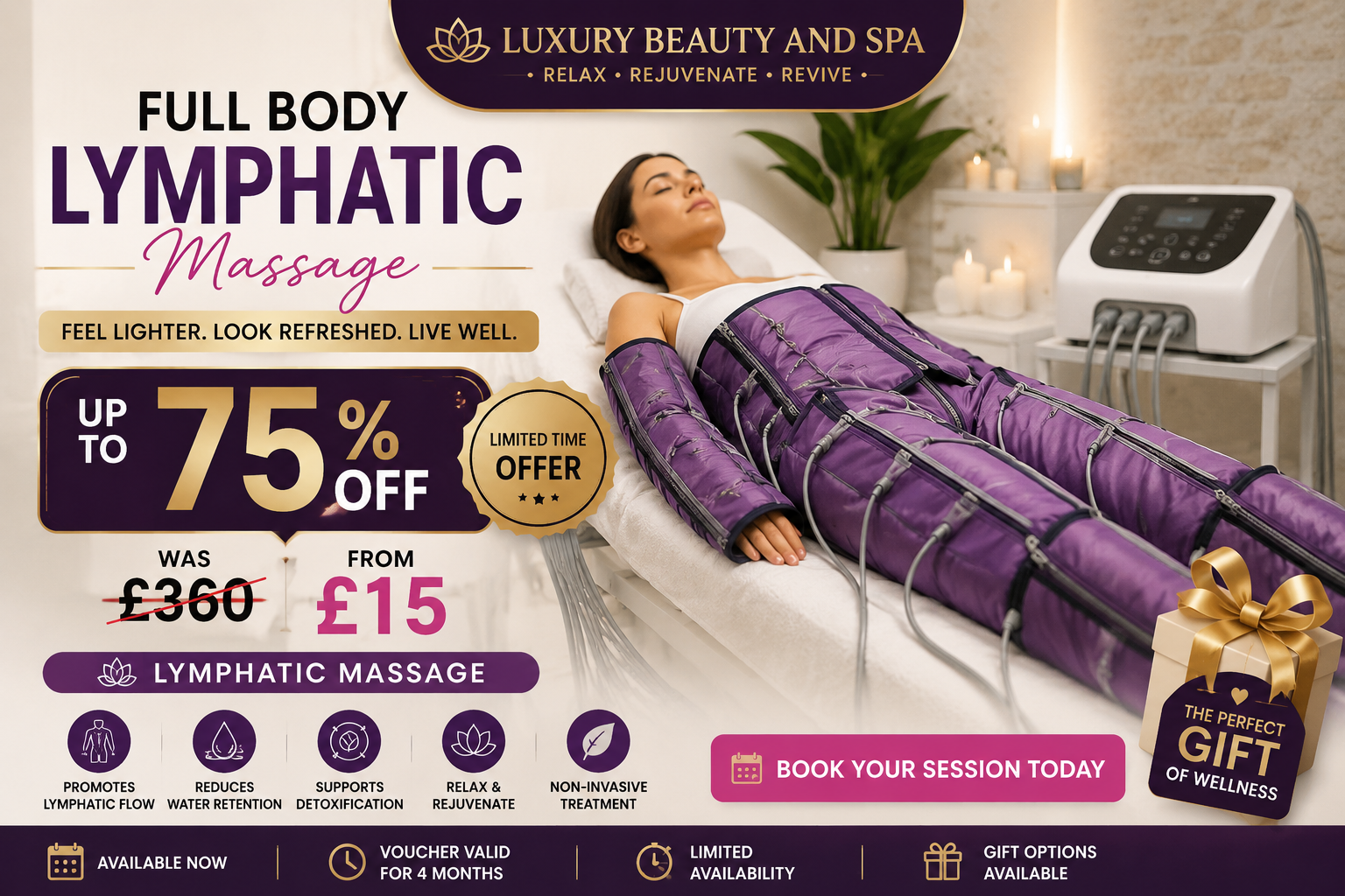 One, Three or Six Sessions of Full Body Lymphatic Massage at Luxury Beauty and Spa