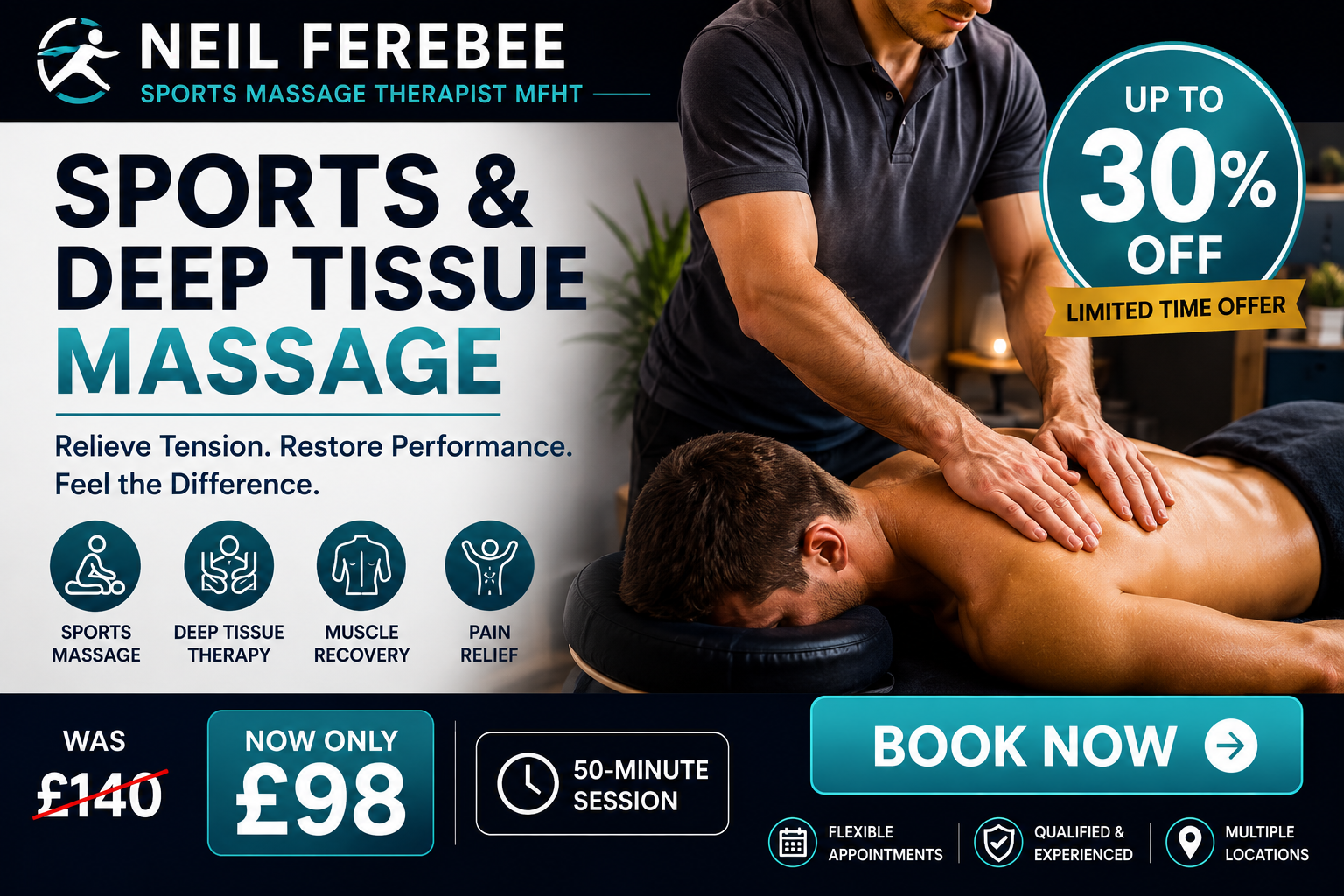 One or Two 50-Minute Sports or Deep Tissue Massages at Neil Ferebee Sports Massage Therapist MFHT – Save Up to 30%
