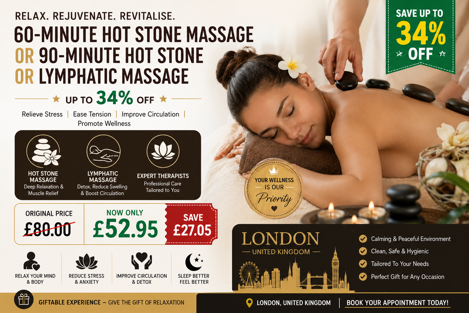 60-Minute Hot Stone Massage or 90-Minute Hot Stone or Lymphatic Massage – Save Up to 34%