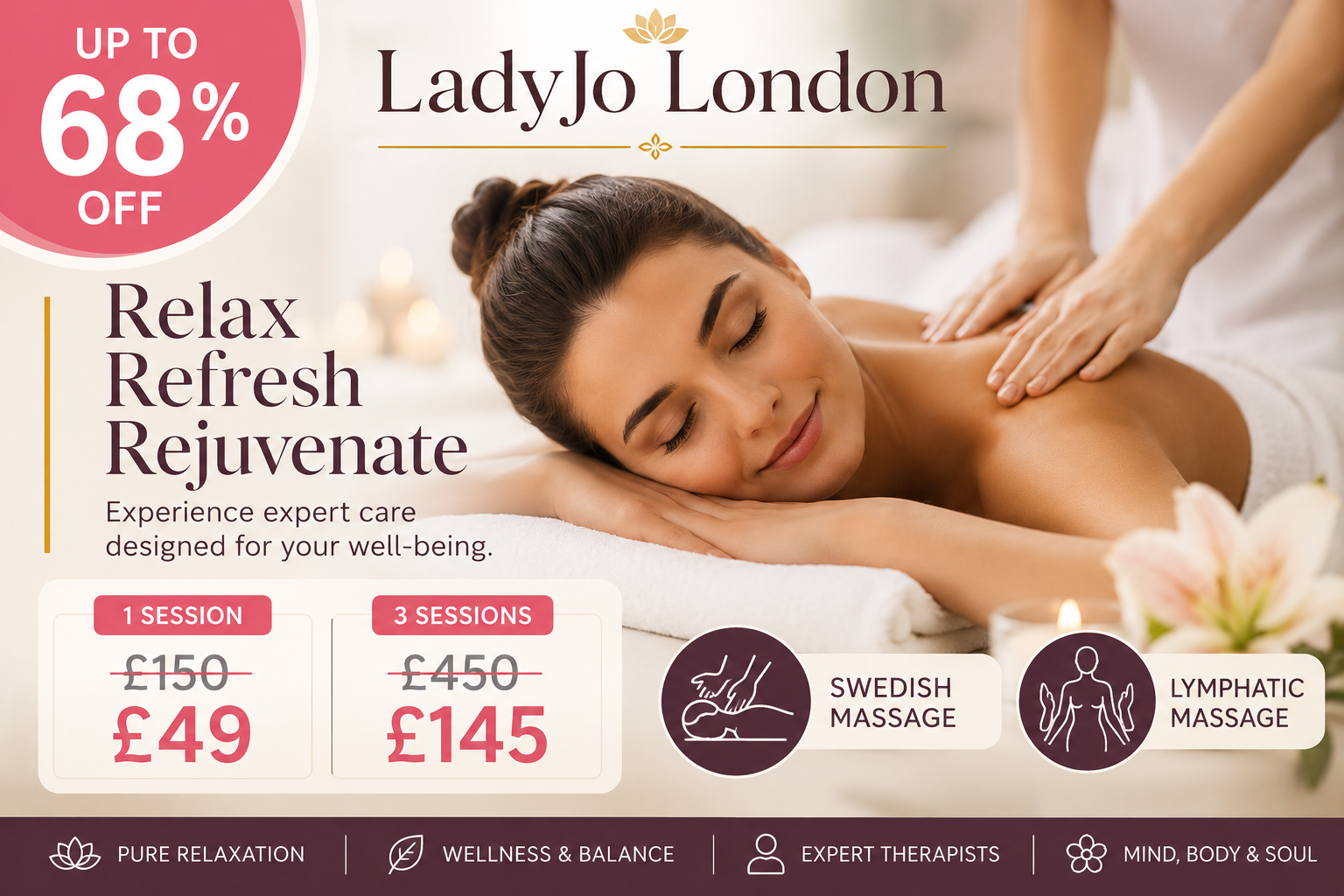 1 or 3 Sessions of 60 Minute Lymphatic or Swedish Massage at LadyJo London Up To 68% Off