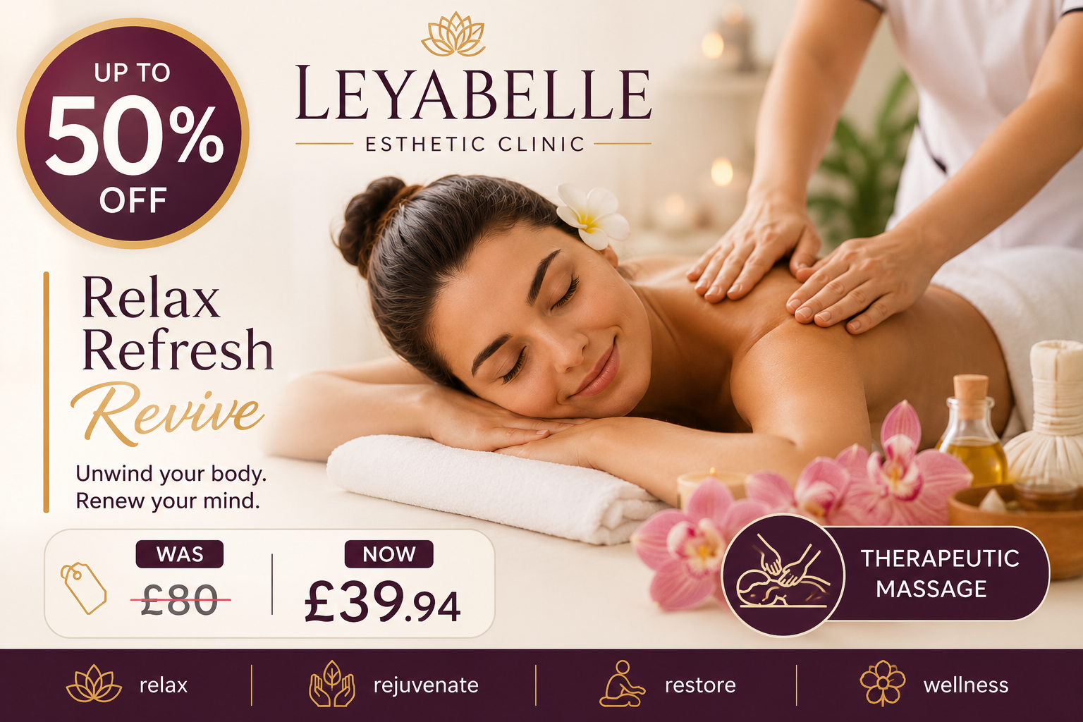 Up to 50% Off on 60 Minute Therapeutic Massage at Leyabelle Esthetic Clinic