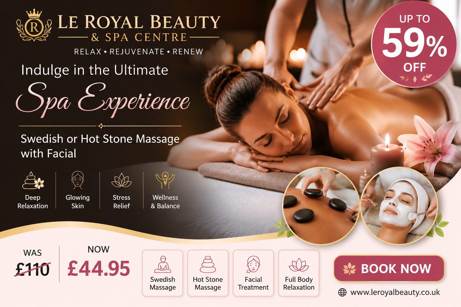 Customized Spa Experience with Swedish or Hot Stone Massage & Facial – Up to 59% Off