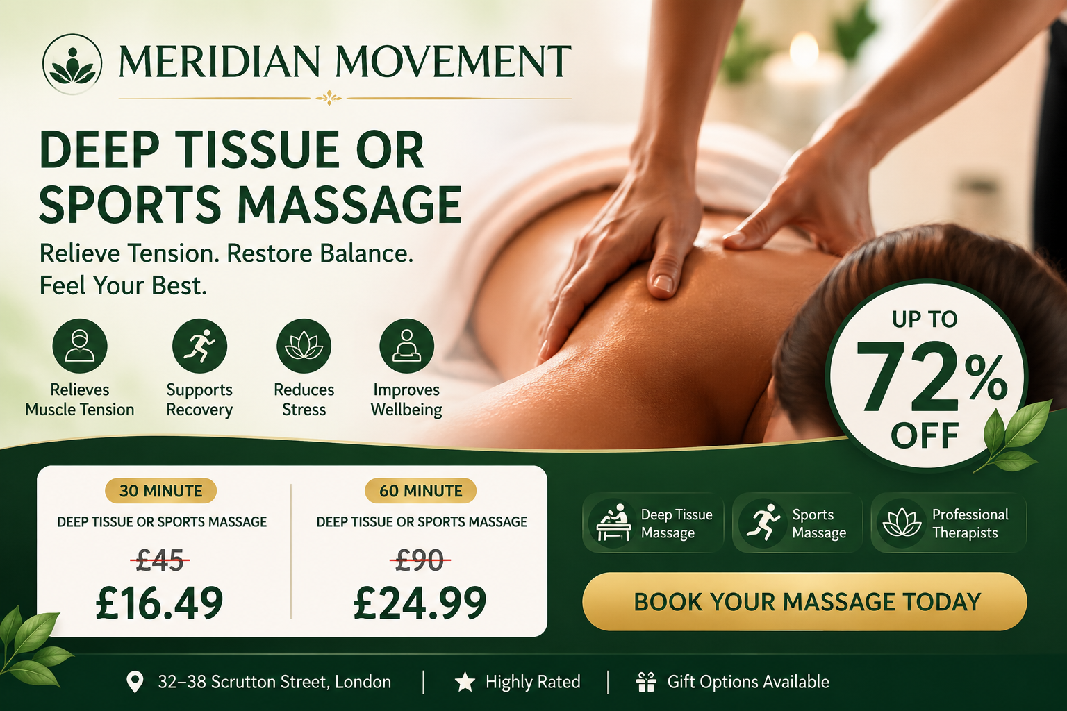 Deep Tissue or Sports Massage at Meridian Movement – Save Up to 72%