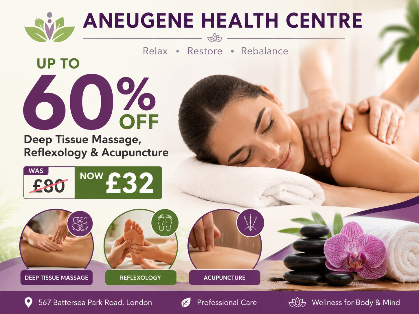 Up to 60% Off Deep Tissue Massage, Reflexology & Acupuncture at Aneugene Health Centre, Battersea