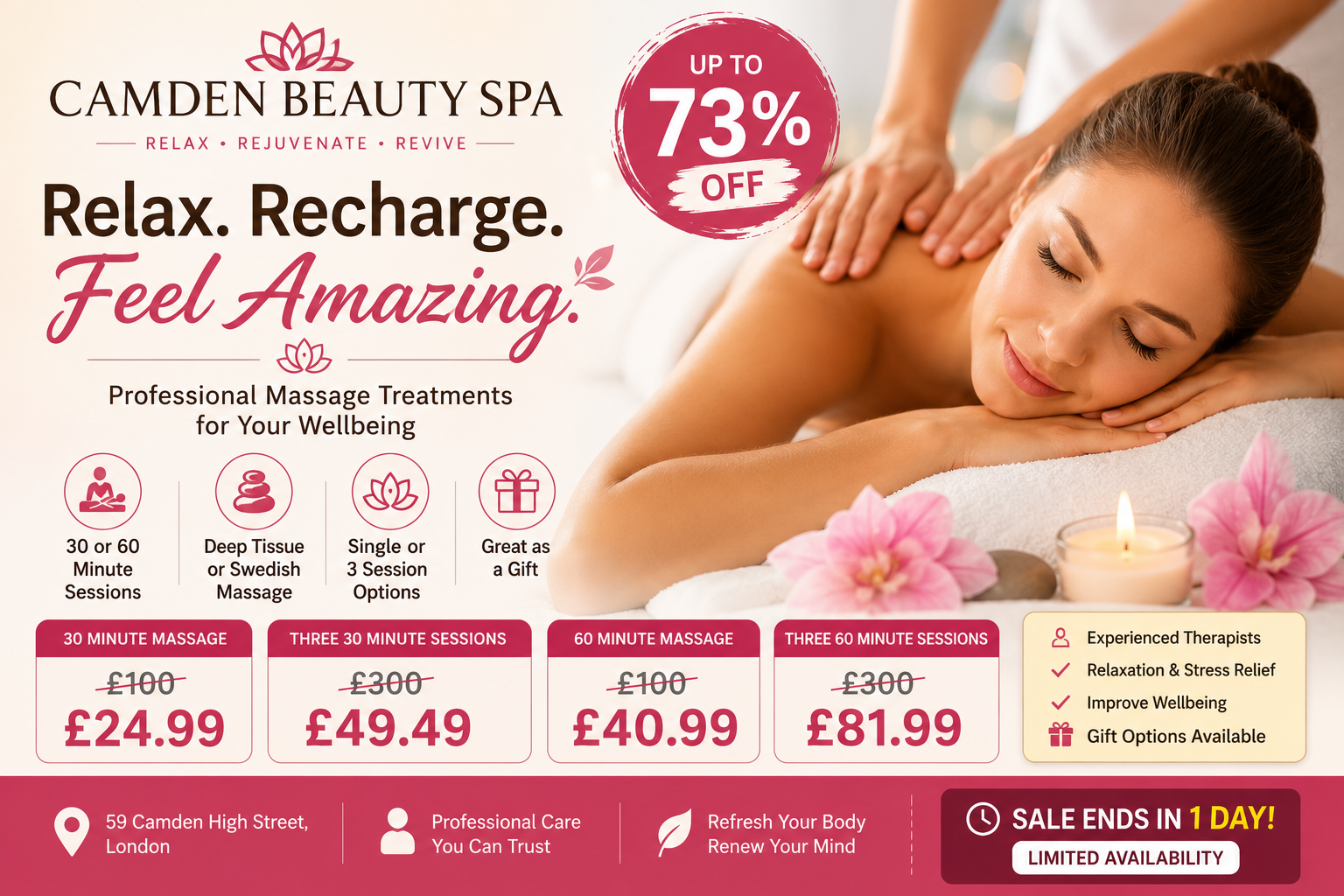 Unwind with One or Three Sessions of 30- or 60-Minute Spa Treatment at Camden Beauty Spa (Up to 73% Off)