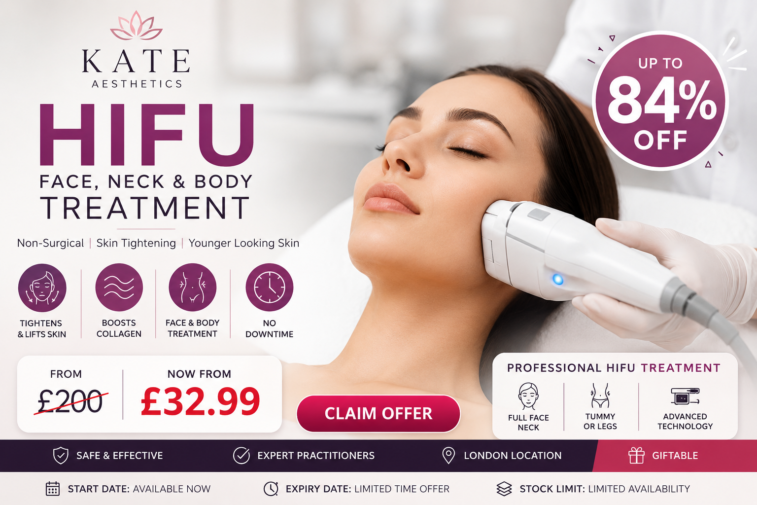 HIFU Full Face Neck or Body Treatment at Kate Aesthetics Up to 84% Off