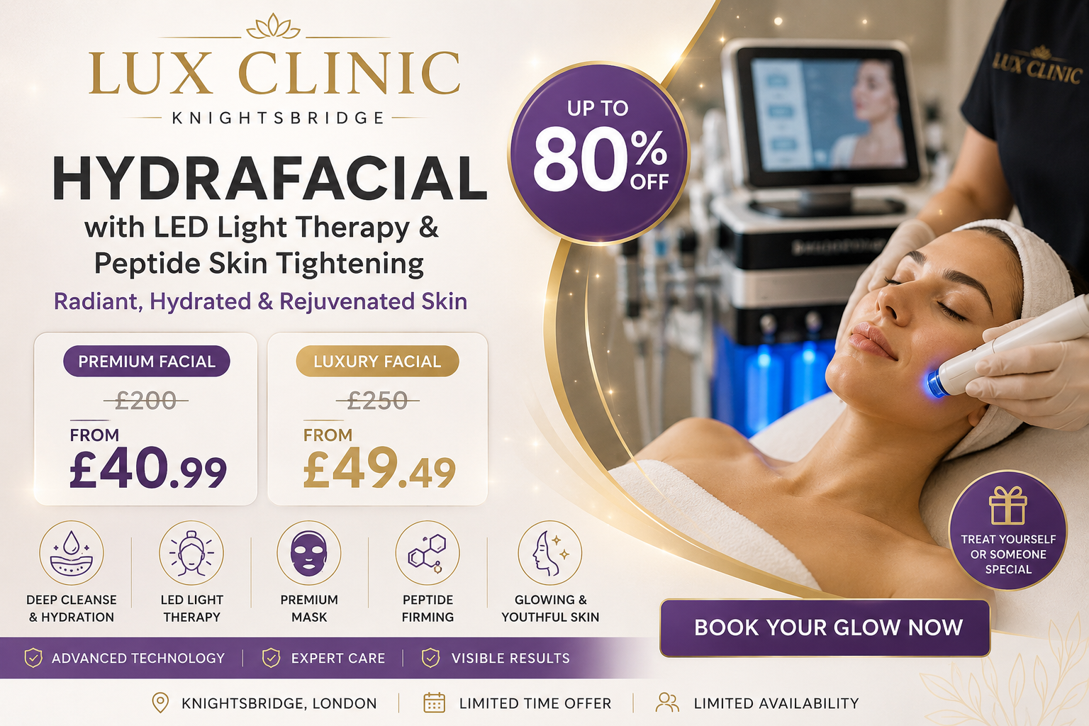 Hydrafacial with LED Light Therapy & Peptide Skin Tightening at Lux Clinic – Up to 76% Off