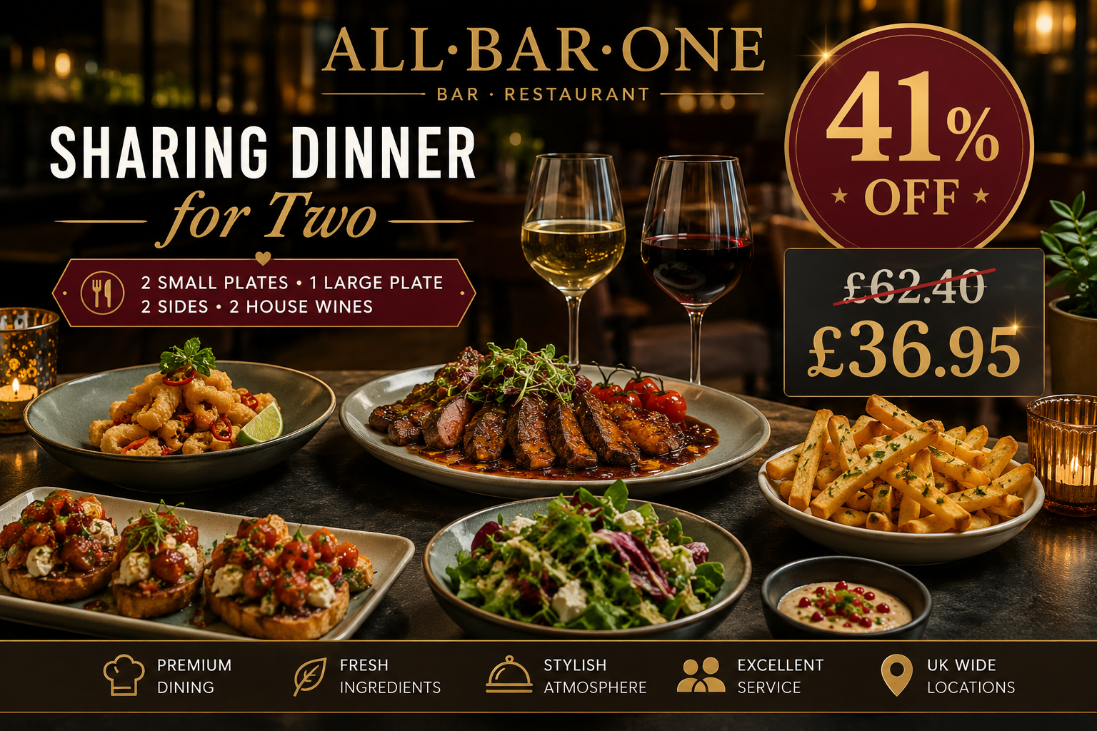 All Bar One Sharing Dinner for 2 – 2 Small Plates, 1 Large Plate, 2 Sides & 2 House Wines