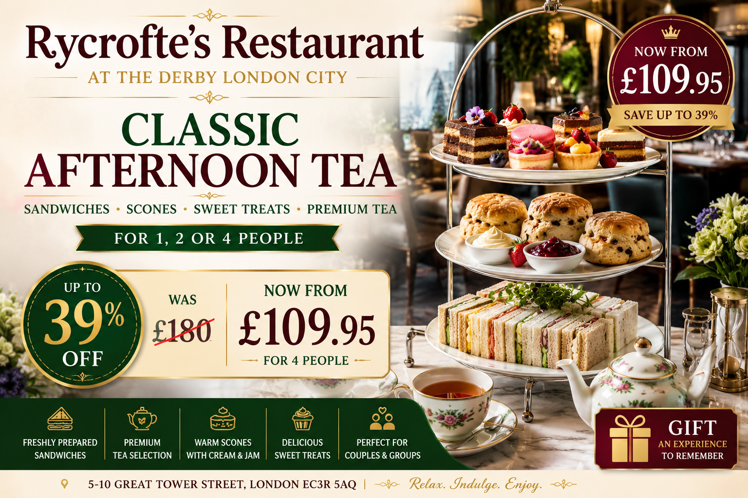 Classic Afternoon Tea with Sandwiches, Scones, Sweet Treats & Premium Tea for 1, 2 or 4 People – Up to 39% Off
