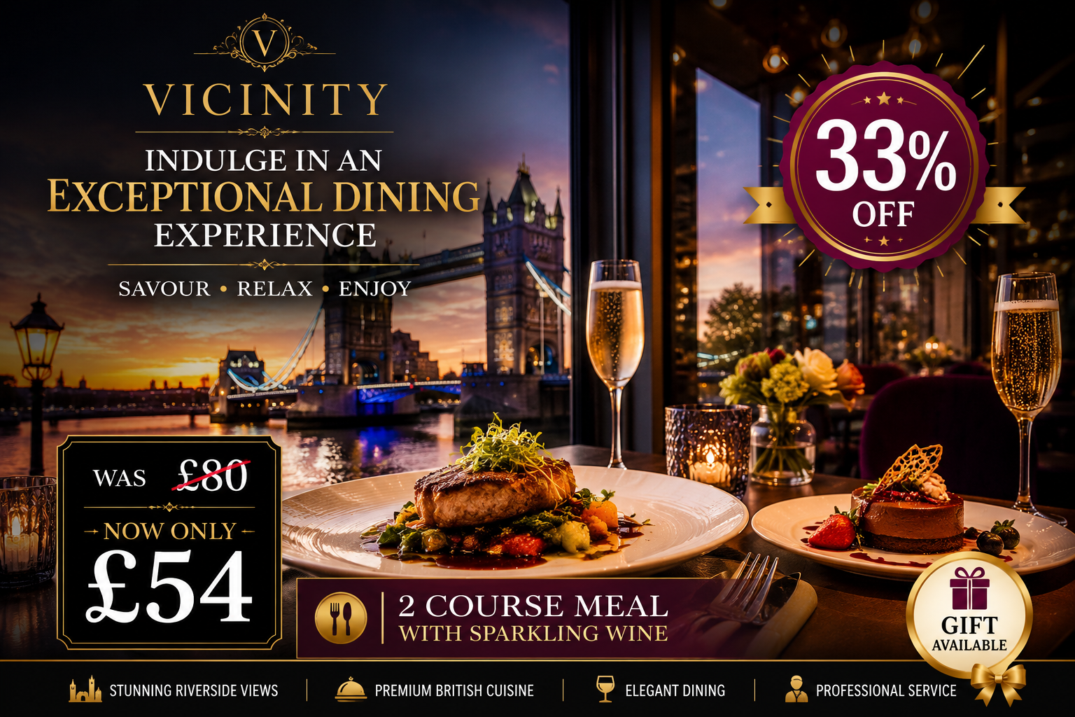 Enjoy a 2 Course Meal with Sparkling Wine at Vicinity – Save Up to 33%