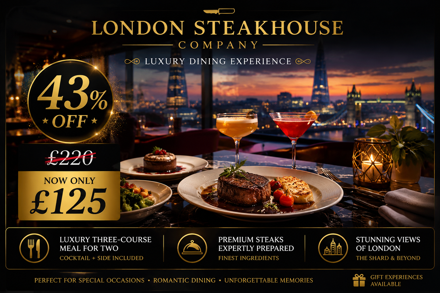 Luxury Three Course Dining with The View from The Shard for Two with Cocktail and Side
