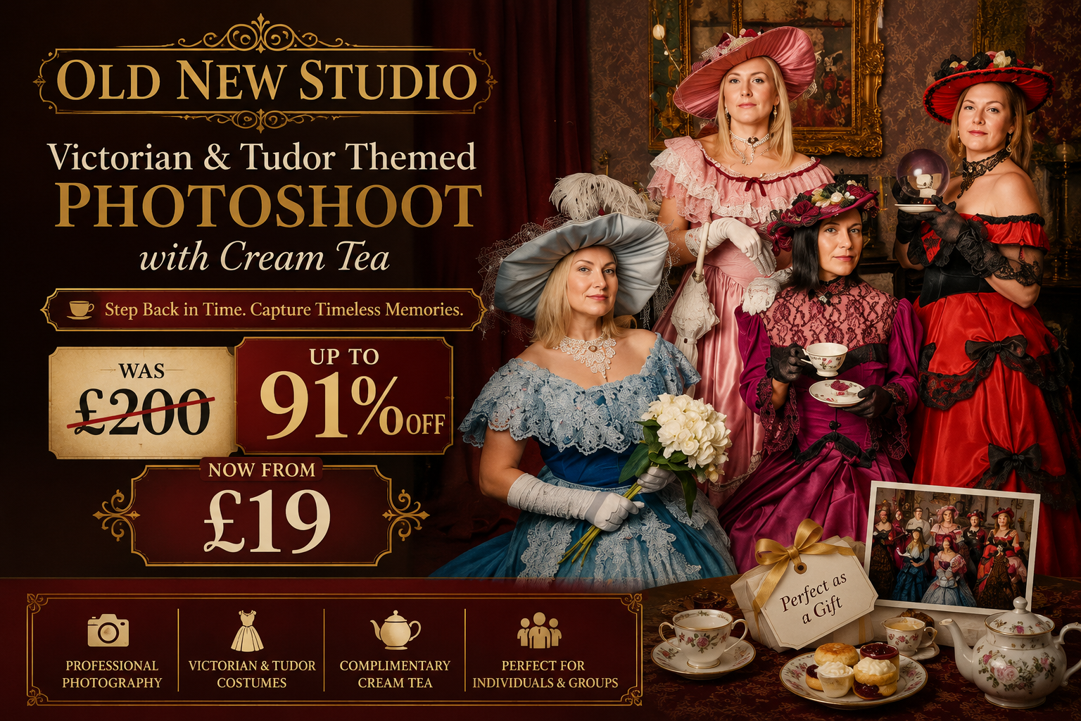 Victorian Photoshoot with Cream Tea for One Two or Four at Old New Studio Up to 91% Off
