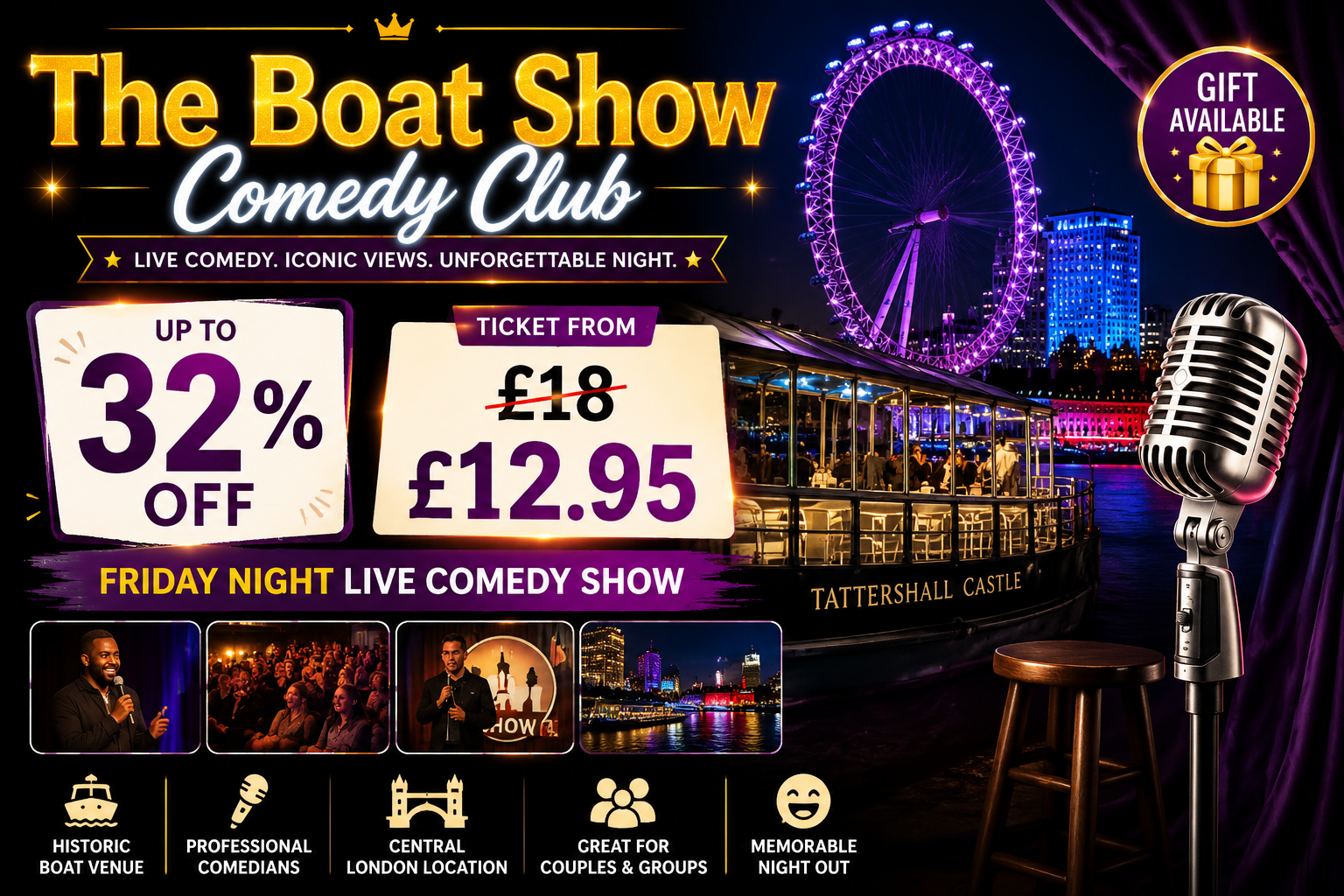 Friday Night Comedy Show Entry on a Historic Boat – Save Up to 32%