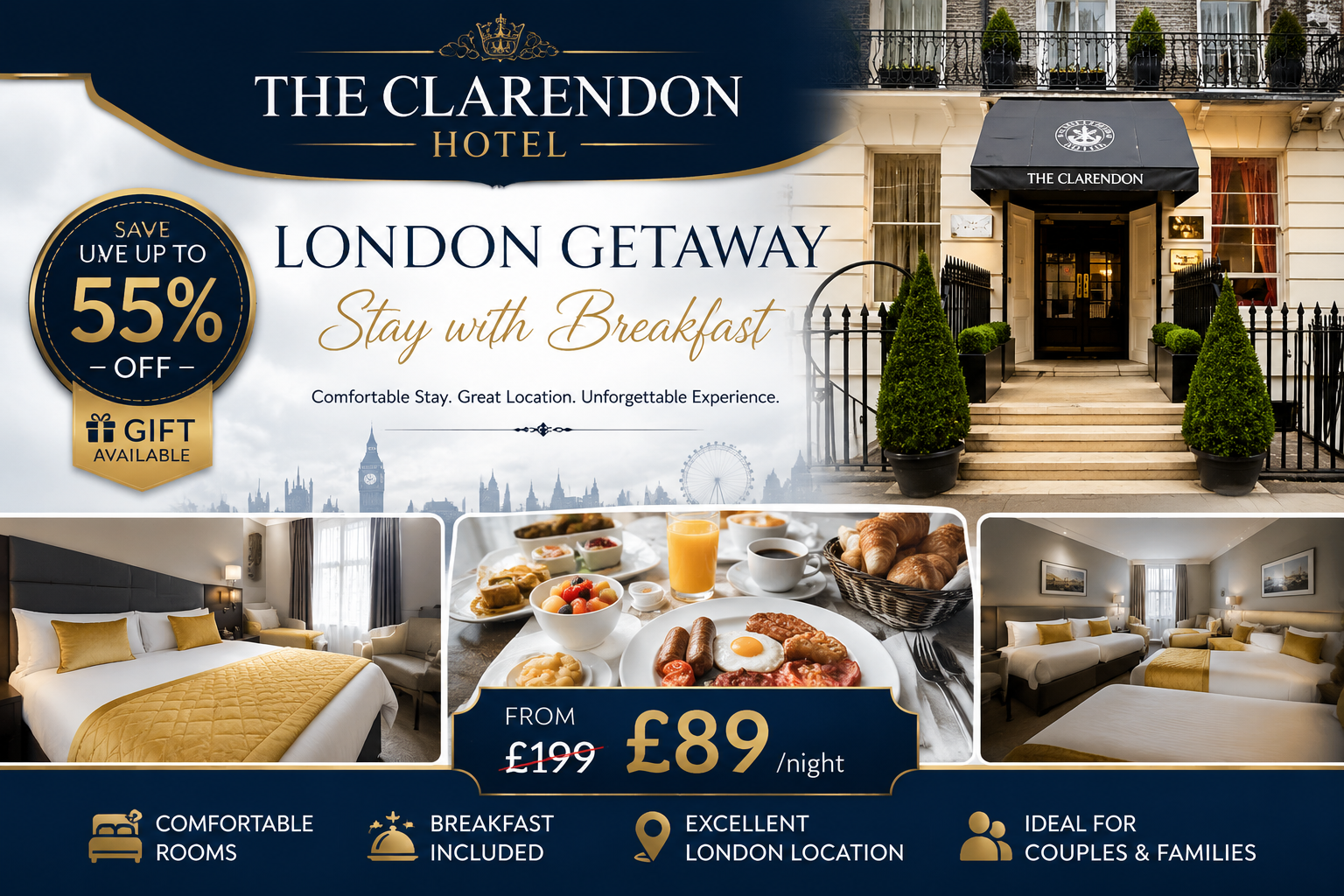 London Classic Double or Quadruple Room Stay with Breakfast at The Clarendon Hotel