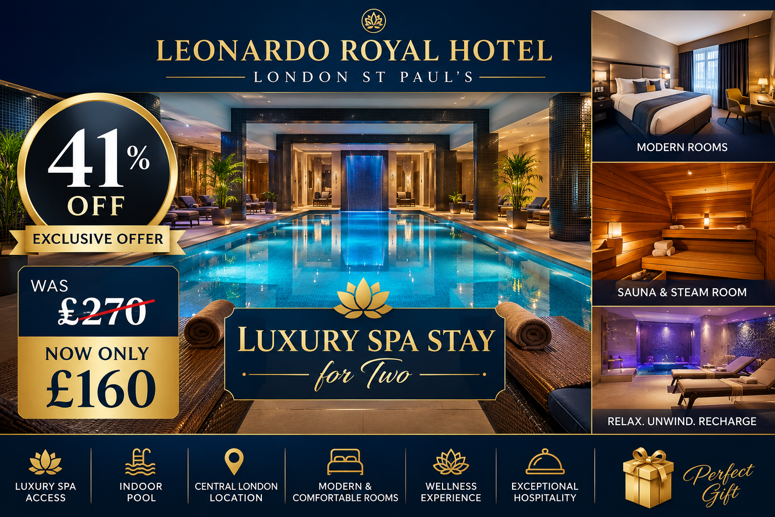 Luxury Spa Getaway for Two at Leonardo Royal Hotel London St Paul's with Spa Access