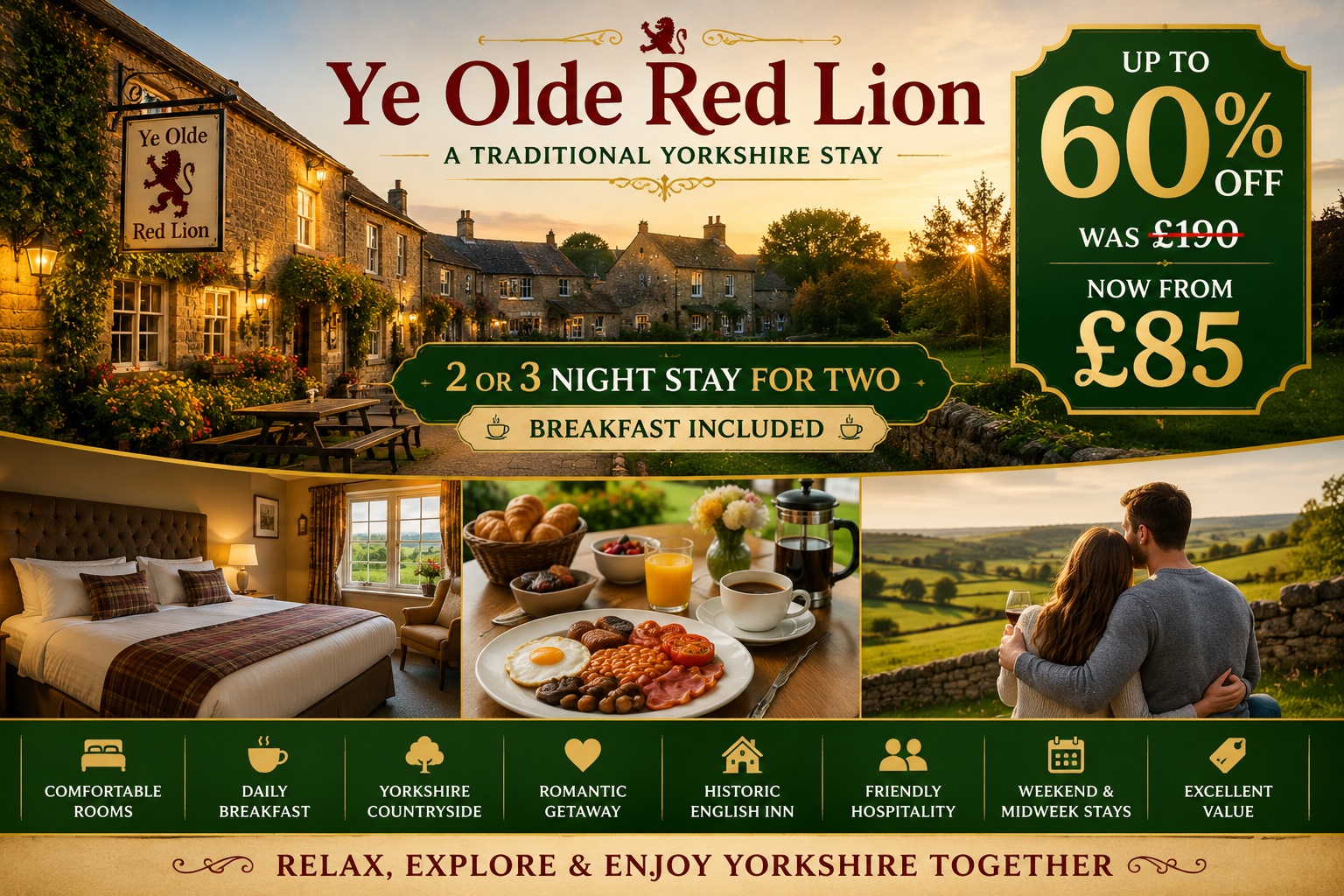 Yorkshire Two or Three Night Stay for Two with Breakfast at Ye Olde Red Lion