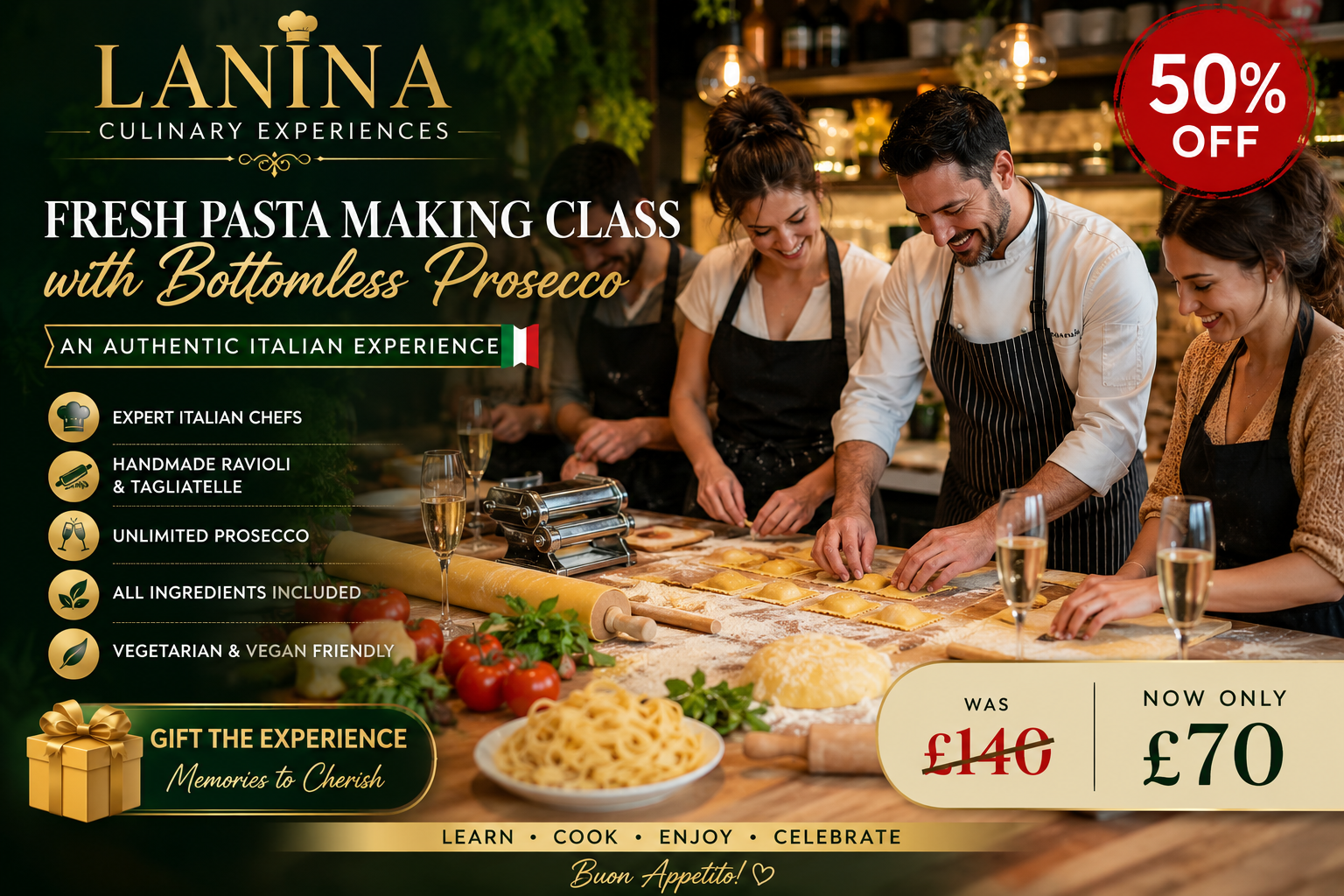 Fresh Pasta and Bottomless Prosecco Italian Cooking Experience Up to 52 Percent Off