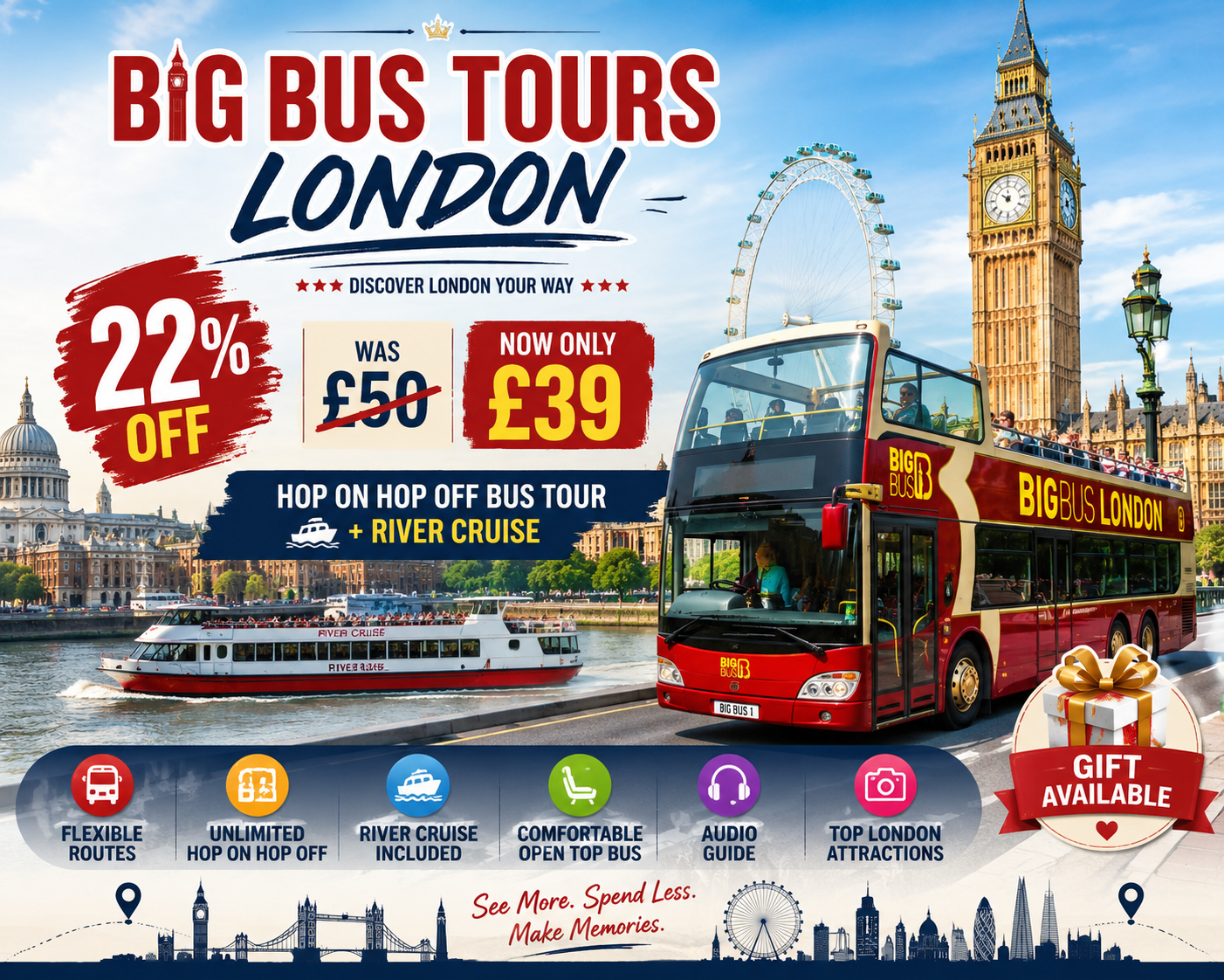 24 or 48 Hour Hop On Hop Off Bus Tour with River Cruise