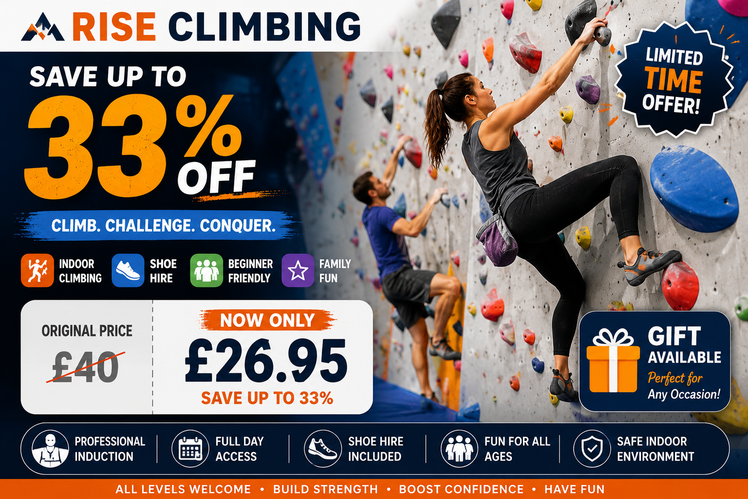 Rise Climbing Day Pass Shoe Rental and Intro Climbing Session Up to 33 Percent Off