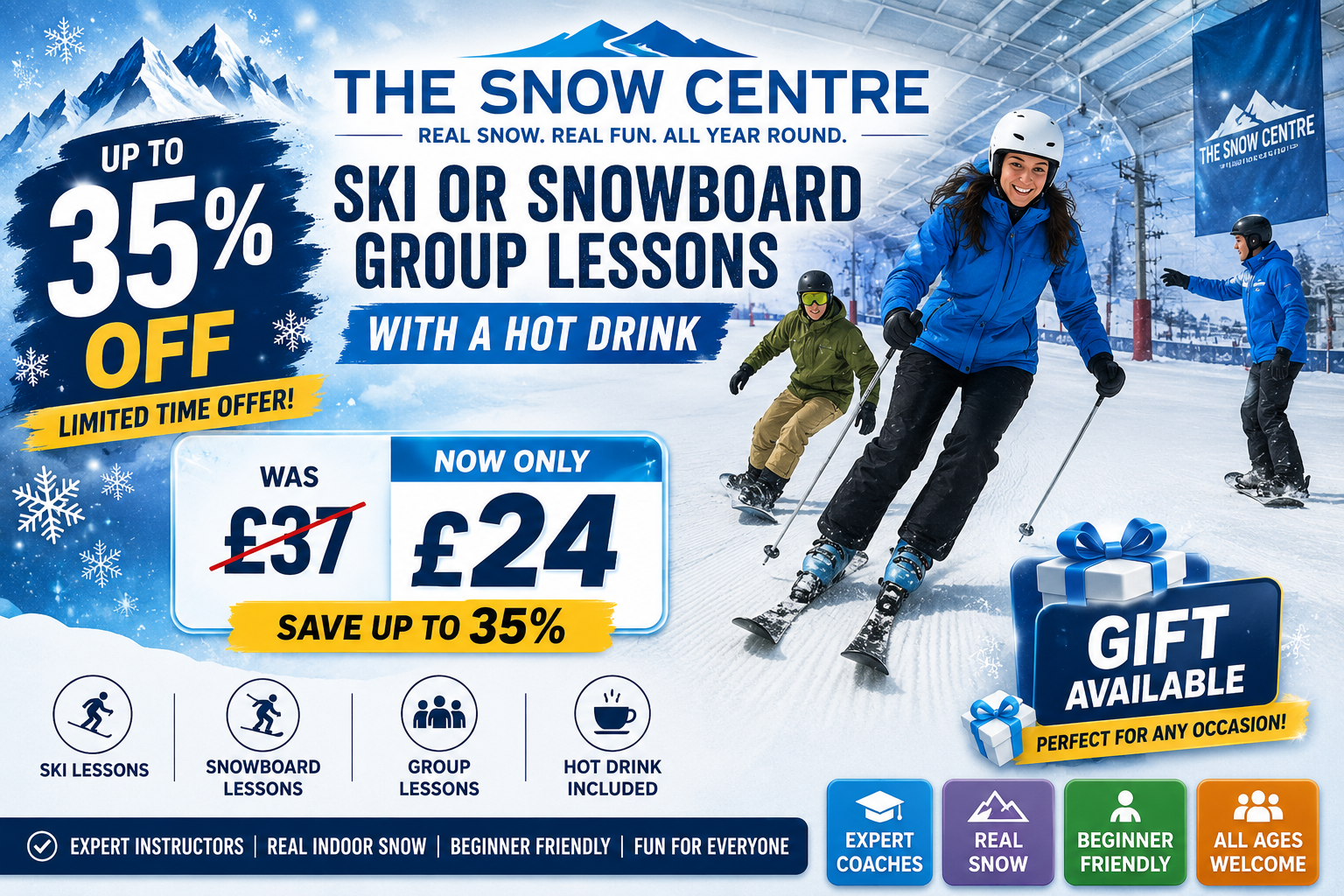 Up to 35% Off Ski or Snowboard Group Lessons with a Hot Drink at The Snow Centre
