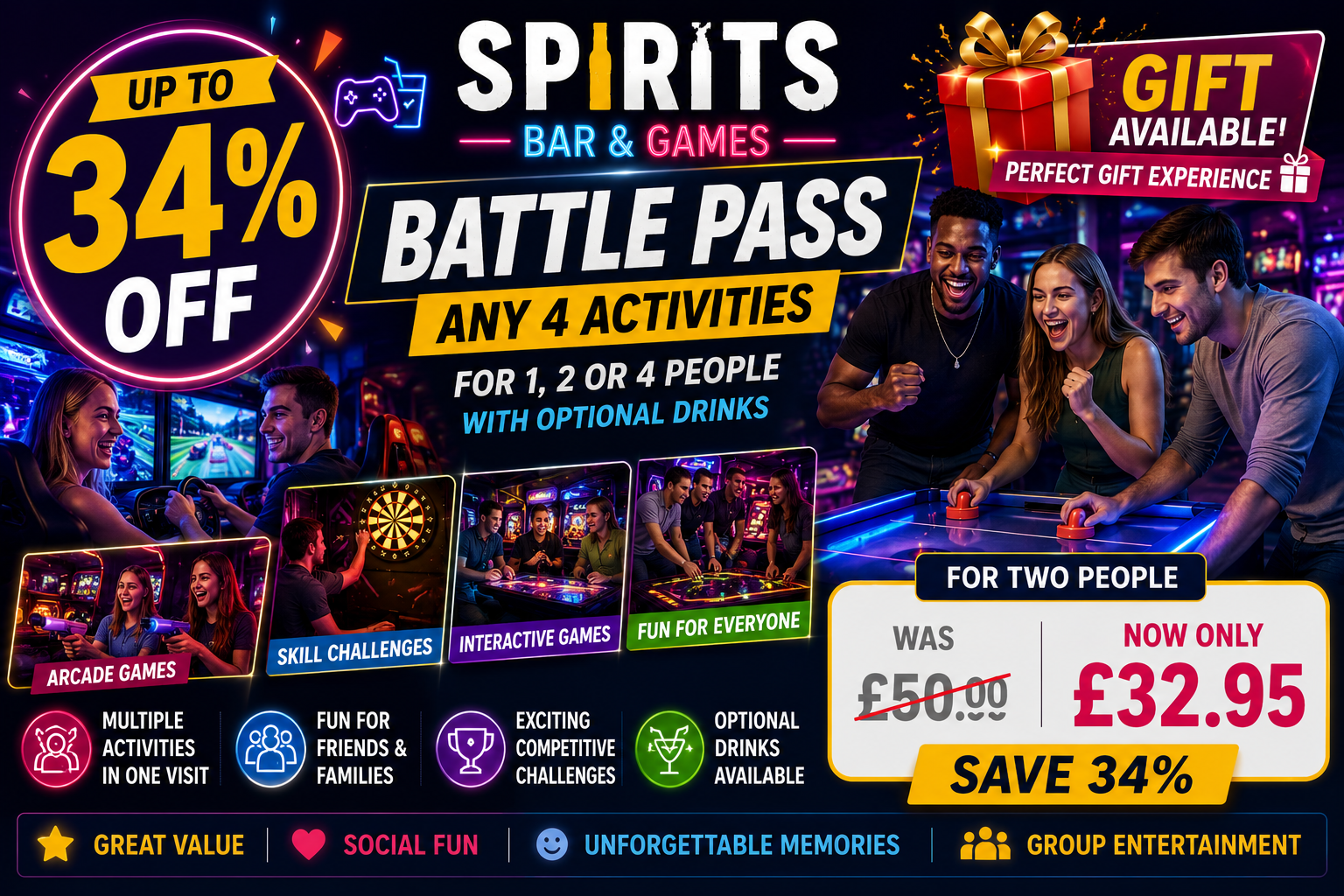 Battle Pass for 1, 2 or 4 People with 4 Activities and Optional Drink – Up to 34% Off