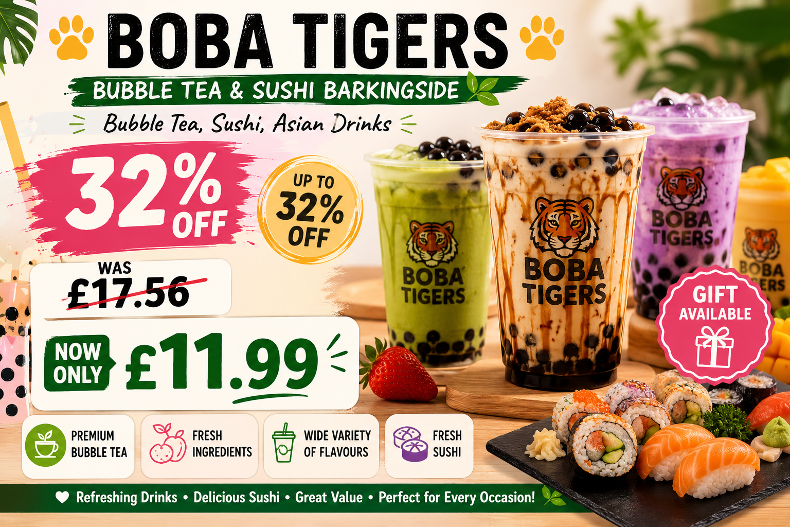 Up to 32% Off Bubble Tea at Boba Tigers Bubble Tea & Sushi Barkingside