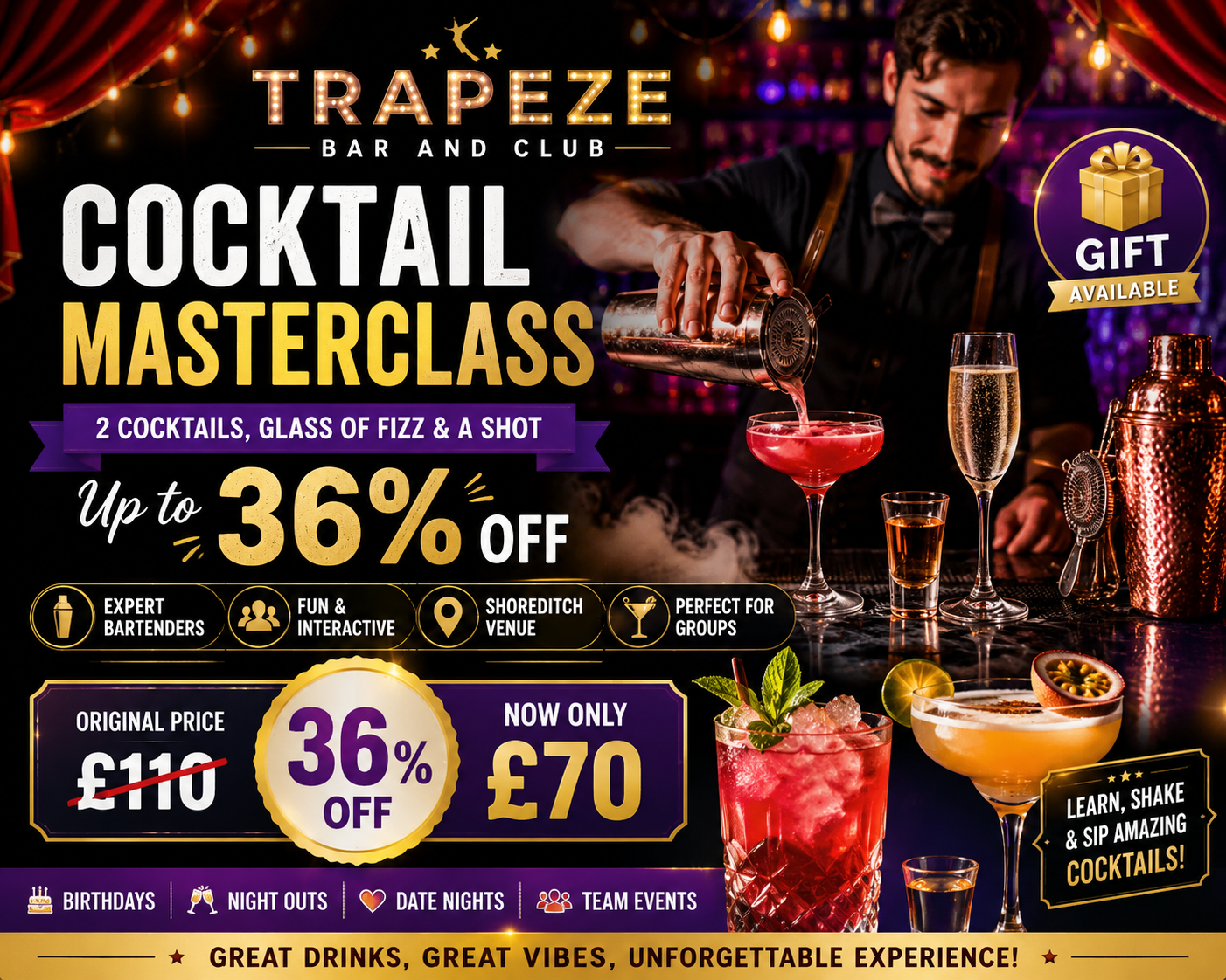 Cocktail Masterclass with Two Cocktails Glass of Fizz and Shot Up to 36 Percent Off