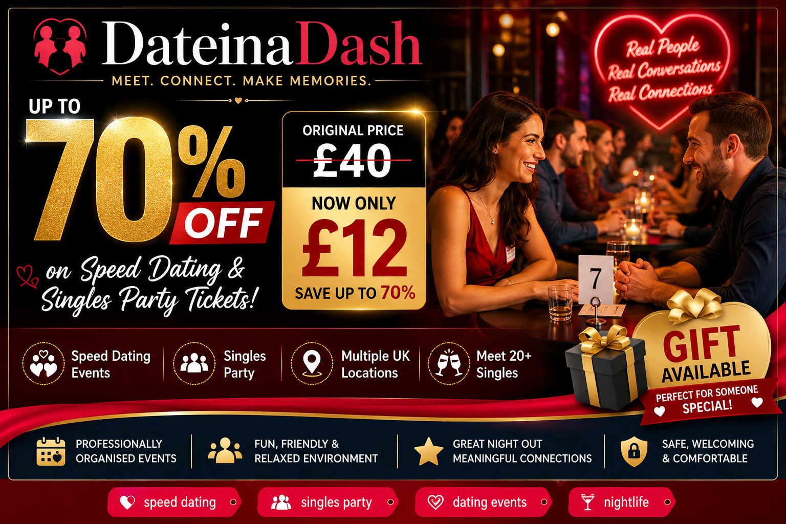 Speed Dating or Singles Party for One or Two at DateinaDash