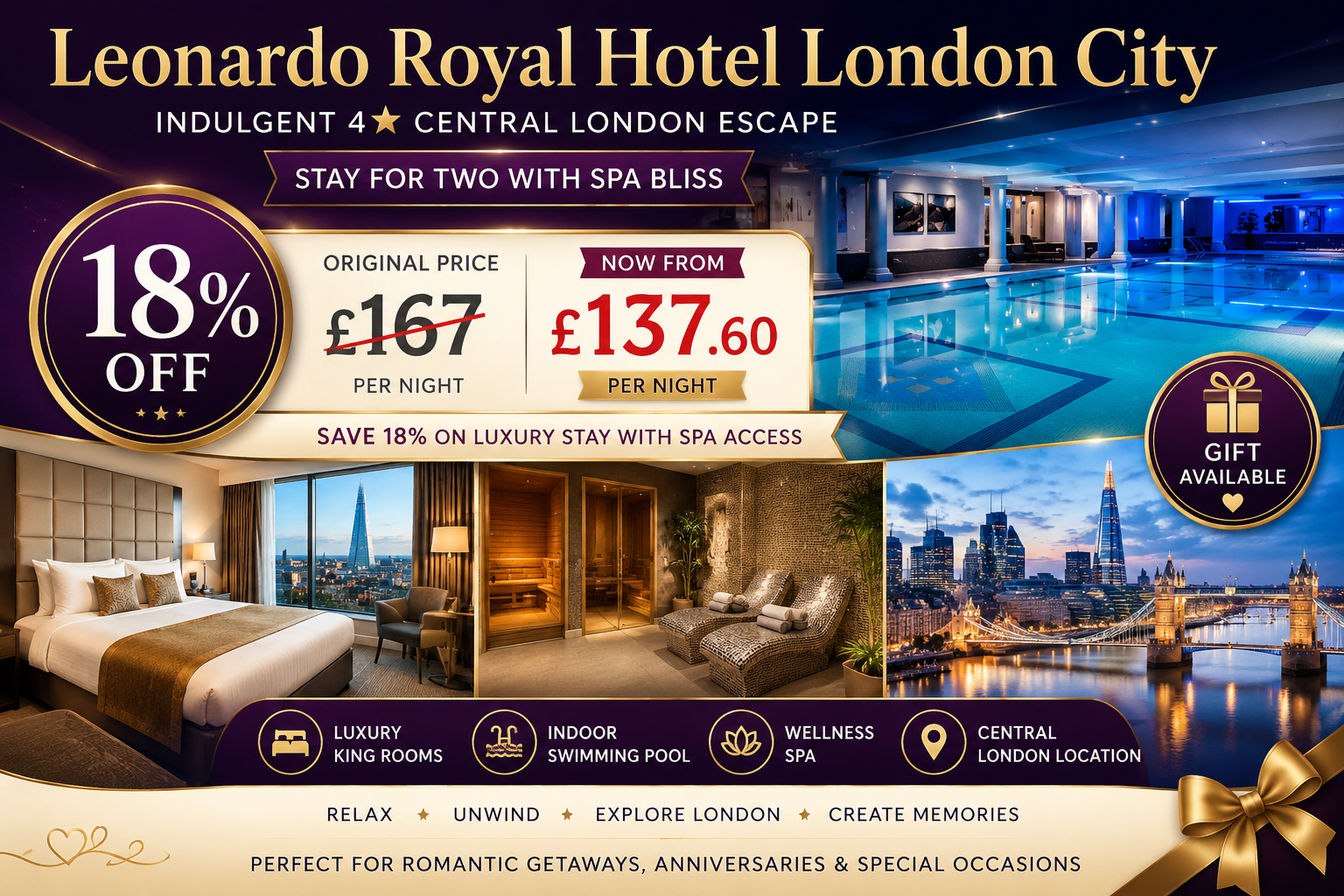 Indulgent 4 Star Central London Escape Stay for Two with Spa Bliss at Leonardo Royal Hotel London City
