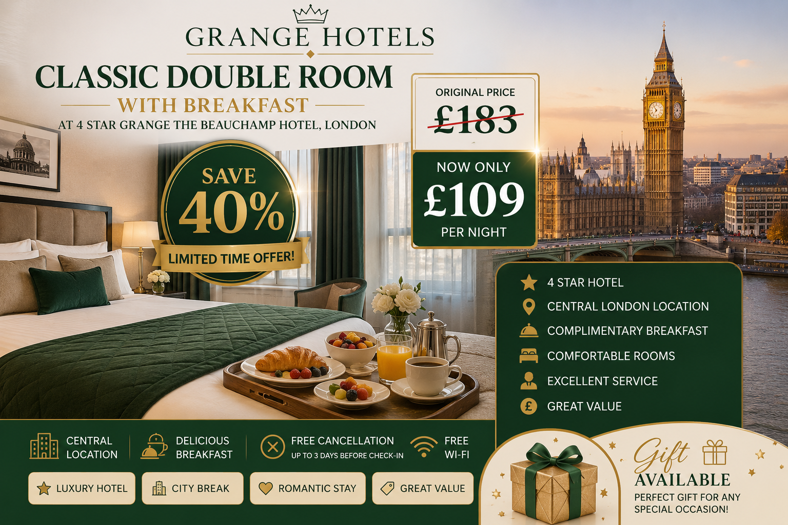 London Classic Double Room with Breakfast at 4 Star Grange The Beauchamp Hotel