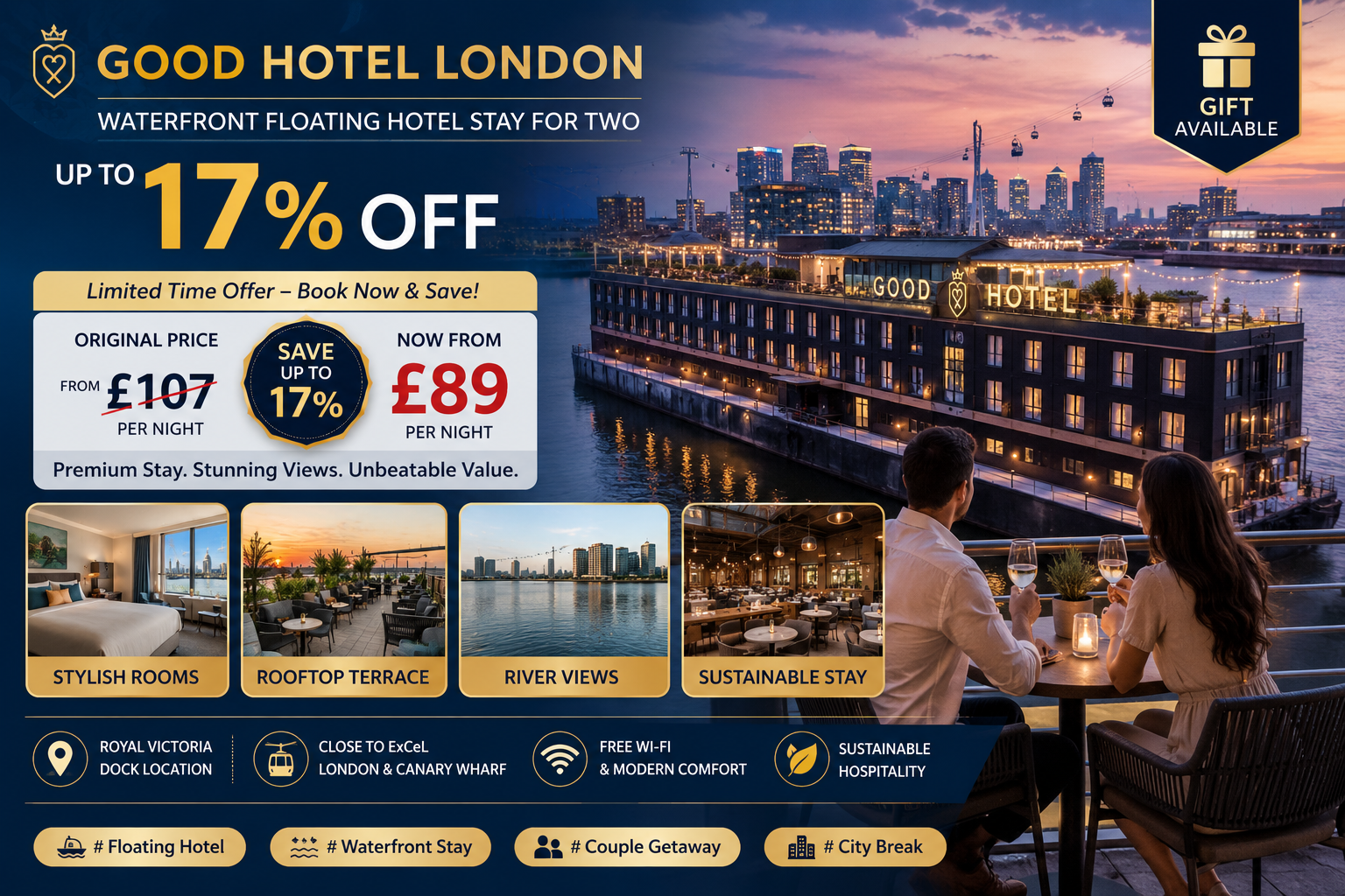 Waterfront Floating Hotel Stay for Two from £89 Per Night with Up to 17% Off