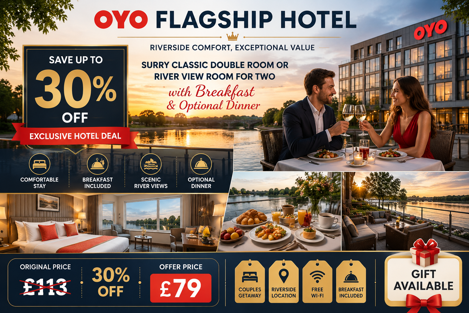 Surrey Classic Double Room or River View Room for Two with Breakfast and Optional Dinner