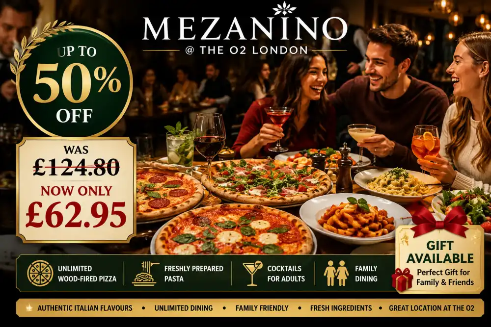 Up to 50% Off Unlimited Pizza Pasta Cocktails & Family Dining at Mezanino @ The O2 London