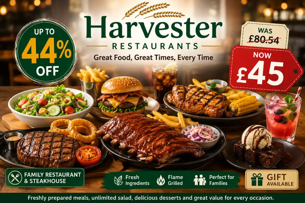 Up to 44% Off 2 or 3 Course Meal for Two or Family at Harvester Restaurants