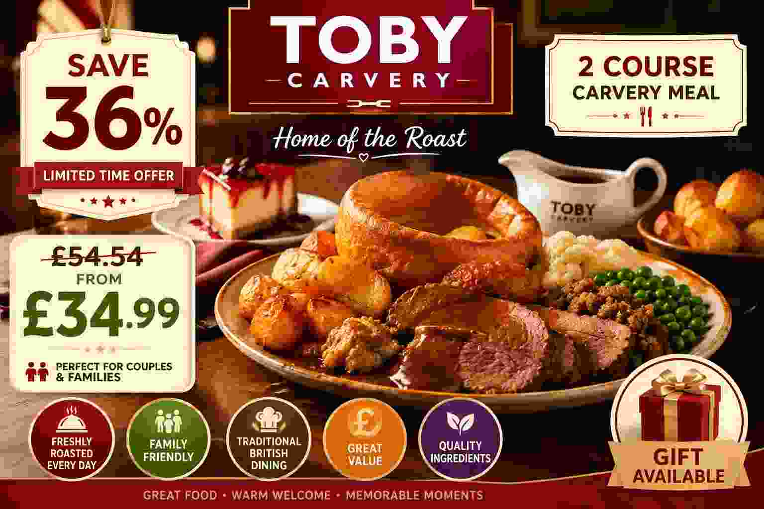2 Course Meal for 2 Adults or Family with Savings on Dining