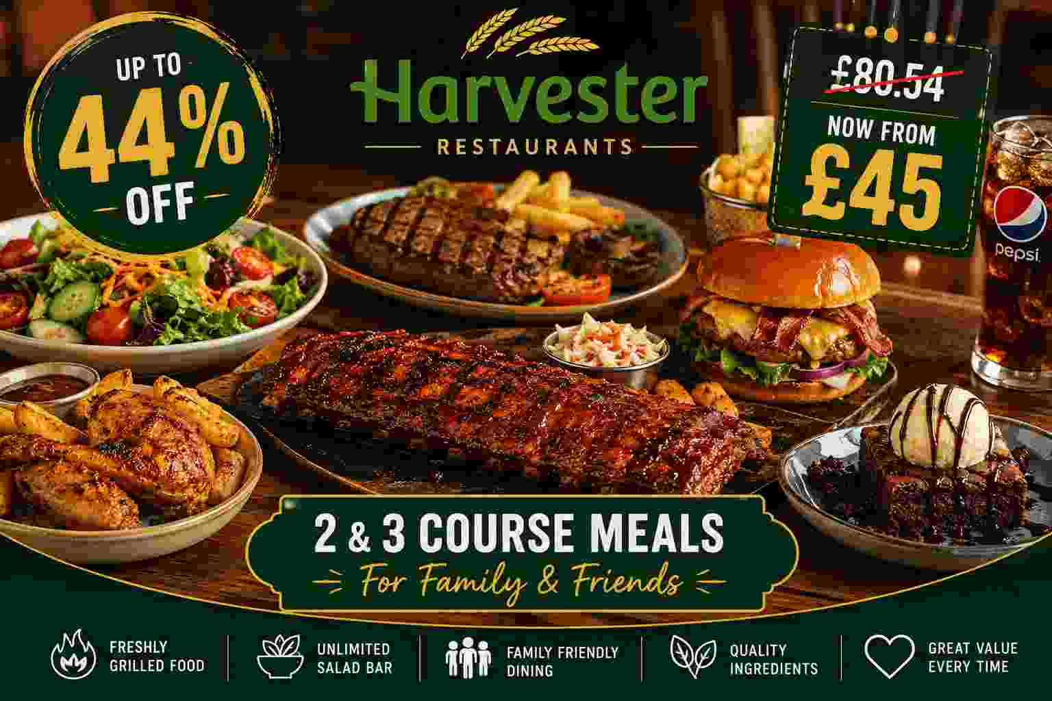 Harvester 2 or 3 Course Meal for Two and Family Dining Discount