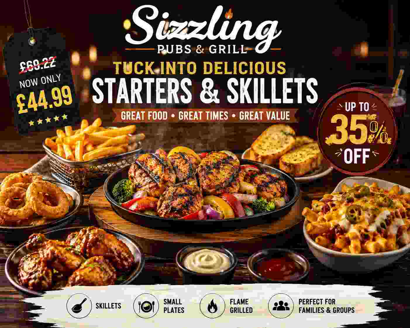 Sizzling Pubs & Grill Skillets and Small Plates Up to 35 Percent Off