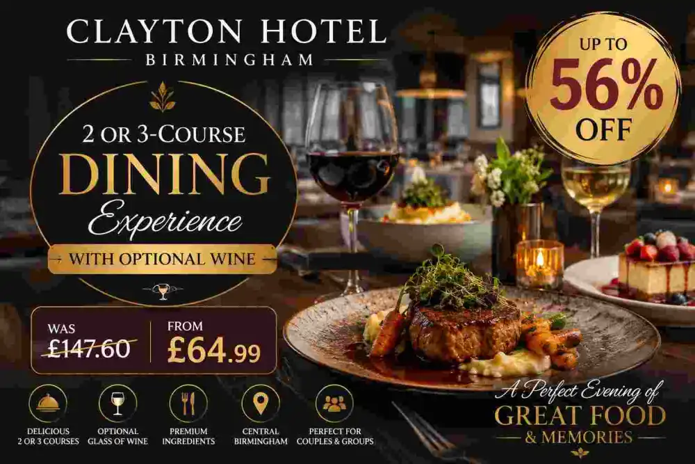Indulge in a 2 or 3-Course Dining Experience with Optional Wine at Clayton Hotel Birmingham – Up to 56% Off
