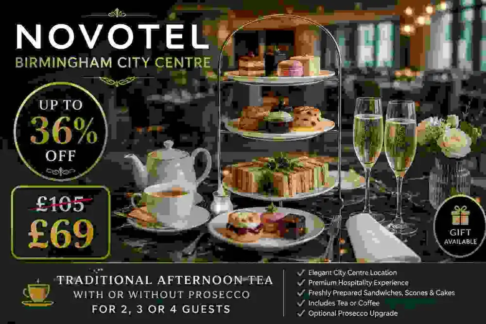Traditional Afternoon Tea with or without Prosecco for 2, 3 or 4 at Novotel Birmingham City Centre – Up to 36% Off