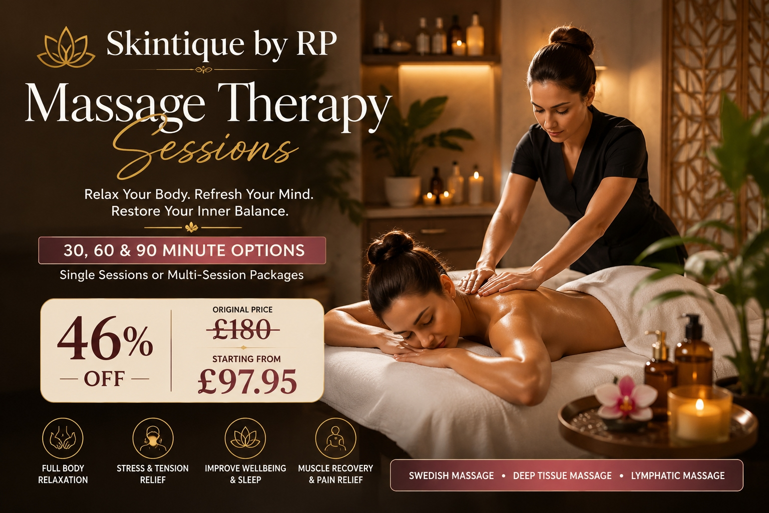 Massage Therapy Sessions Choose 30 60 or 90 Minutes Single or Three Session Packages Up to 46 Off