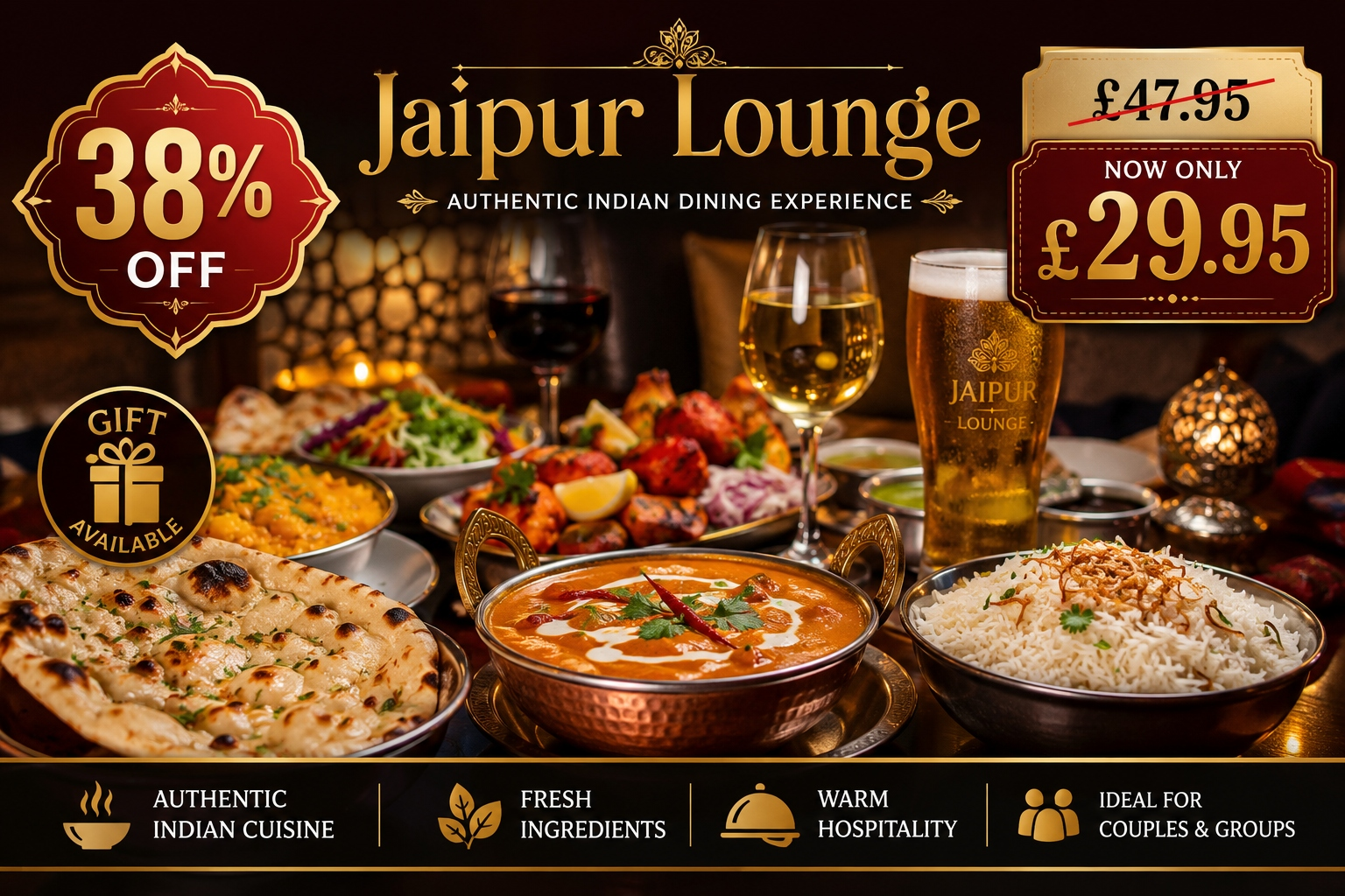 Enjoy Indian Dining with Rice and Wine or Beer for Two or Four at Jaipur Lounge – Up to 38% Off