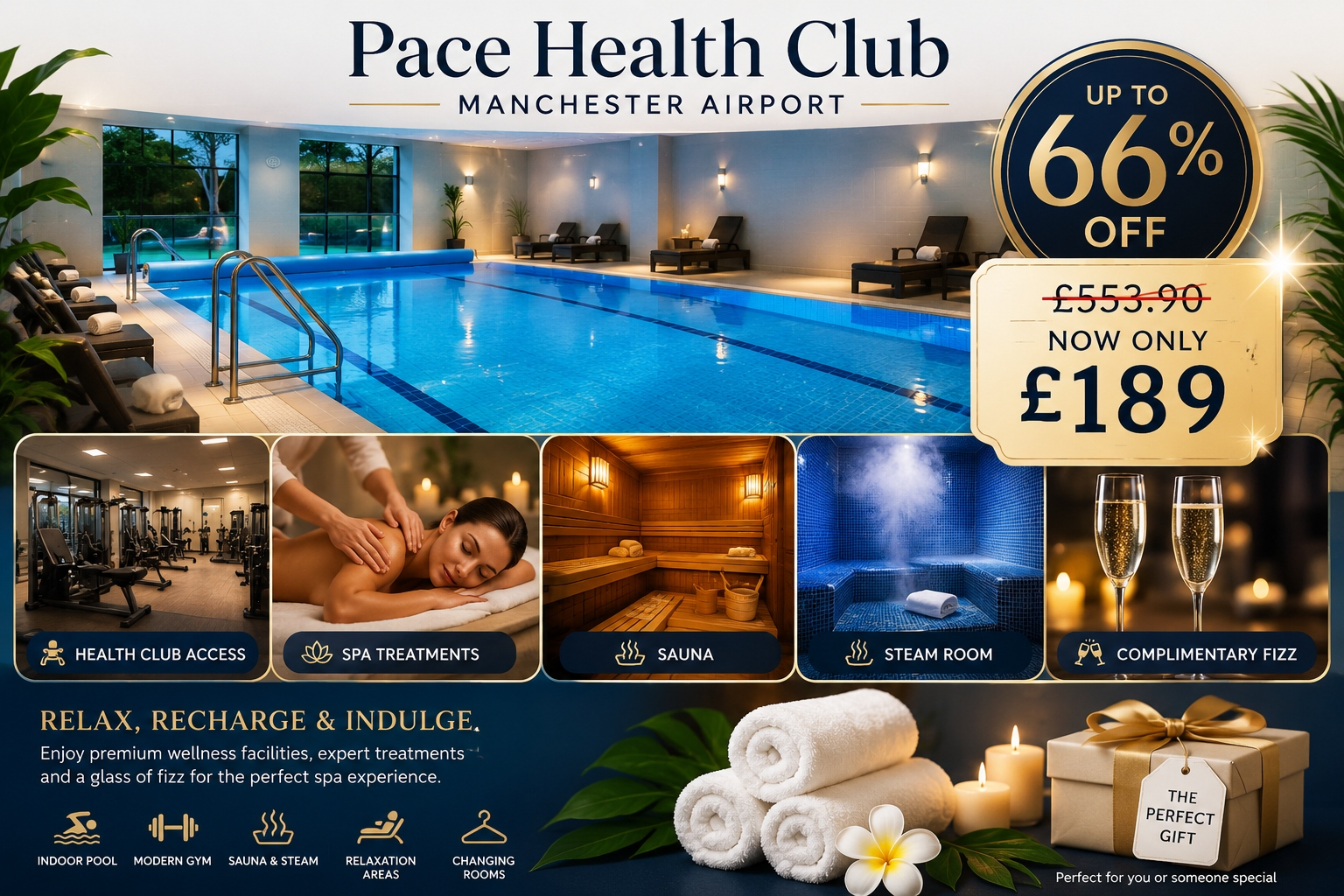 Up to 66% Off Health Club Access, Spa Treatments & Complimentary Fizz at Pace Health Club Manchester Airport
