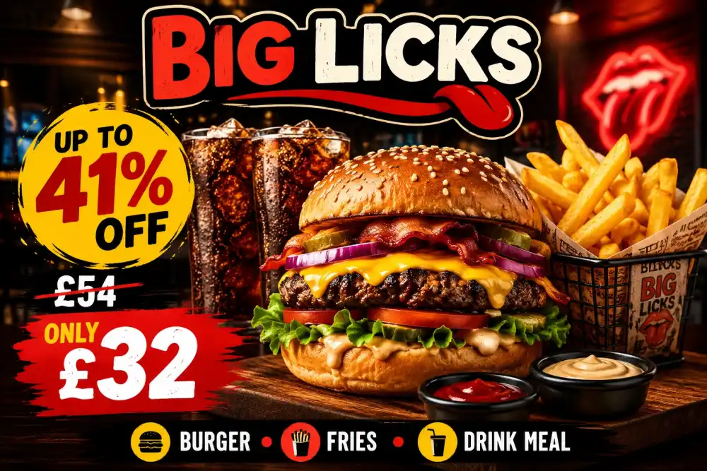 Offer Title*  Burger Fries and Drink for Two Three or Four at Big Licks Up to 41 Off