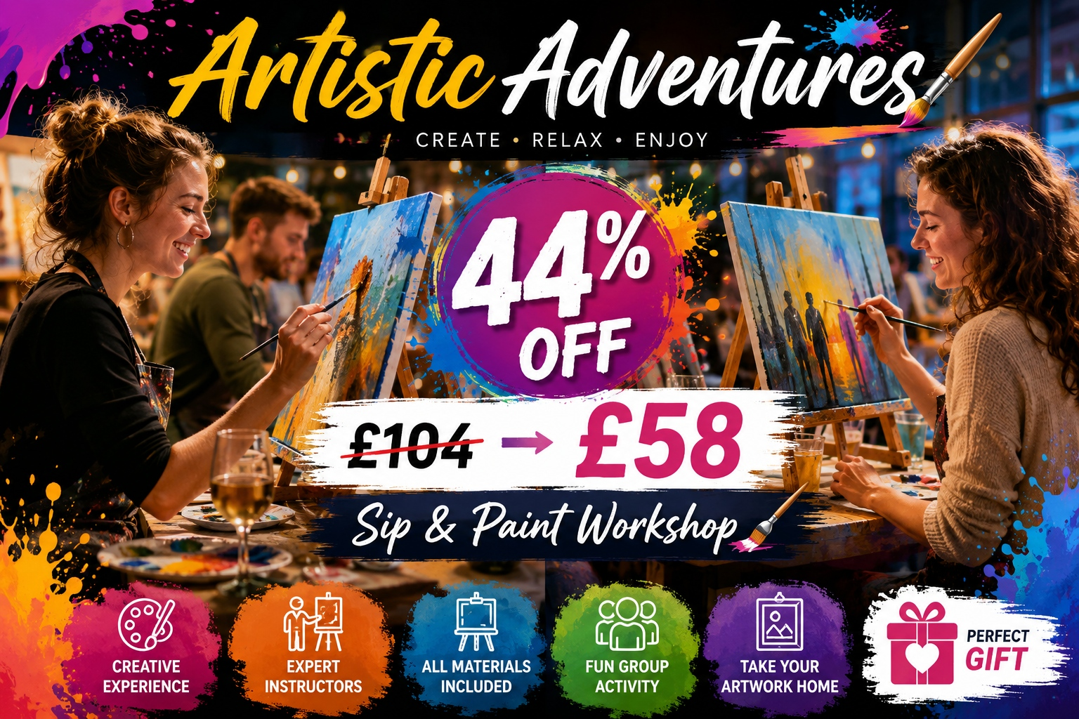 Sip and Paint or Creative Workshop Sessions for 1, 2 or 4 People – Up to 44% Off