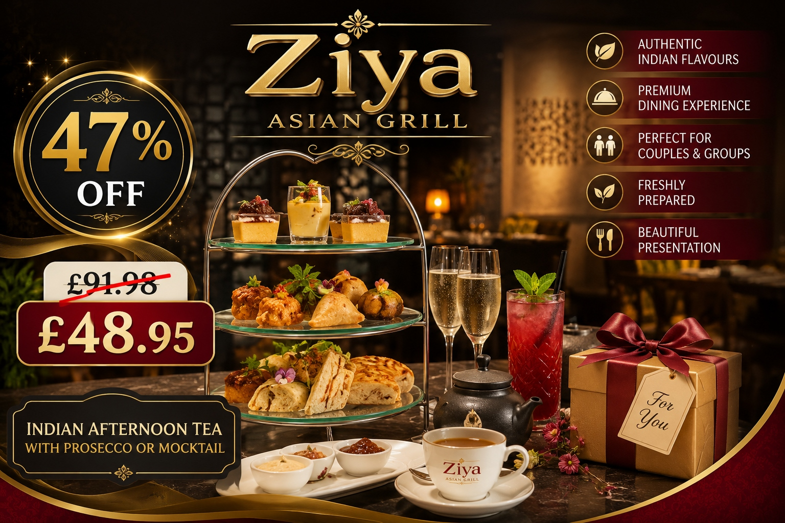 Up to 47% Off Indian Afternoon Tea with Prosecco or Mocktail at Ziya Asian Grill