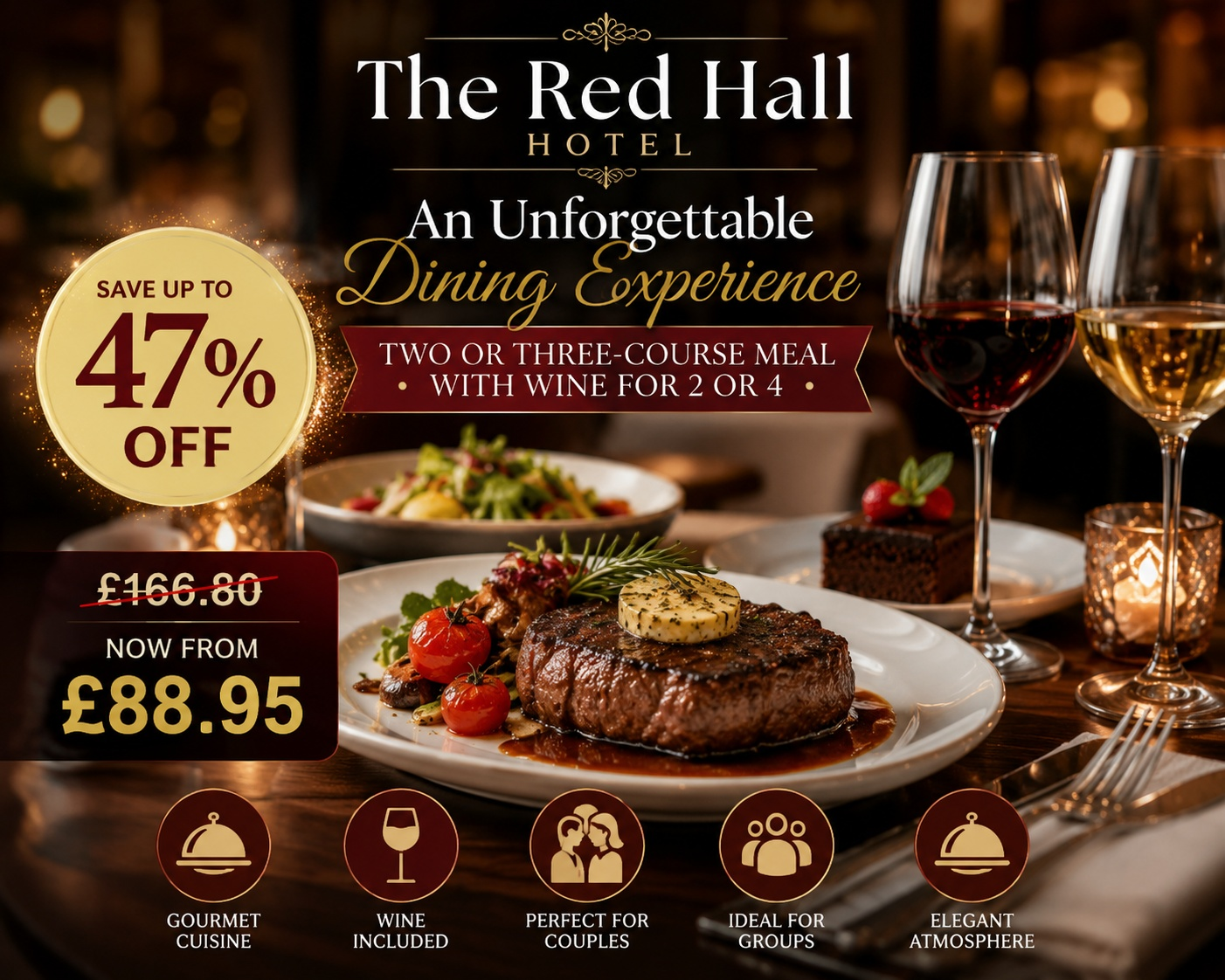 Two or Three-Course Dining Experience with Wine for 2 or 4 – Save Up to 47%